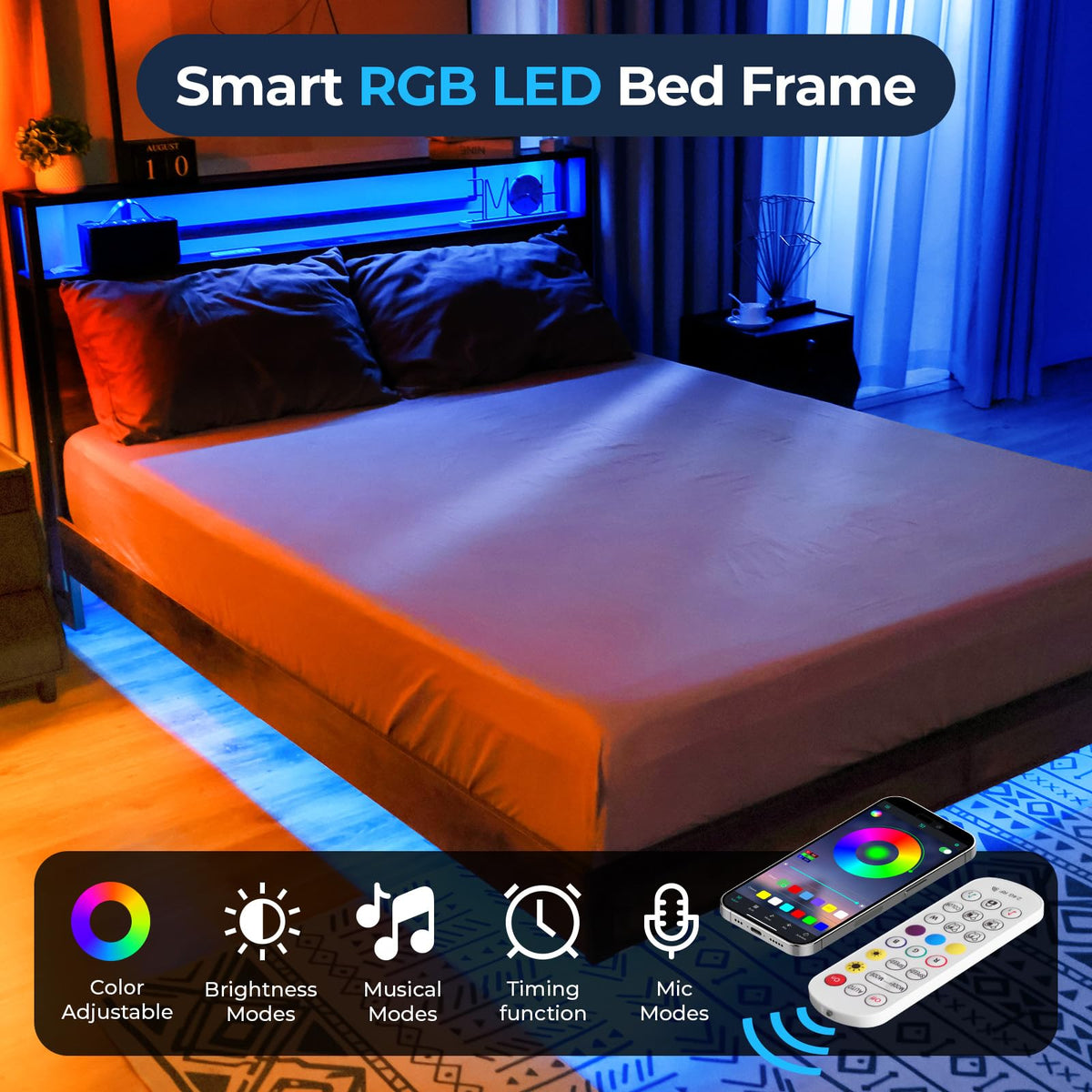 Queen Size Metal Platform Bed Frame with Storage Headboard L92346