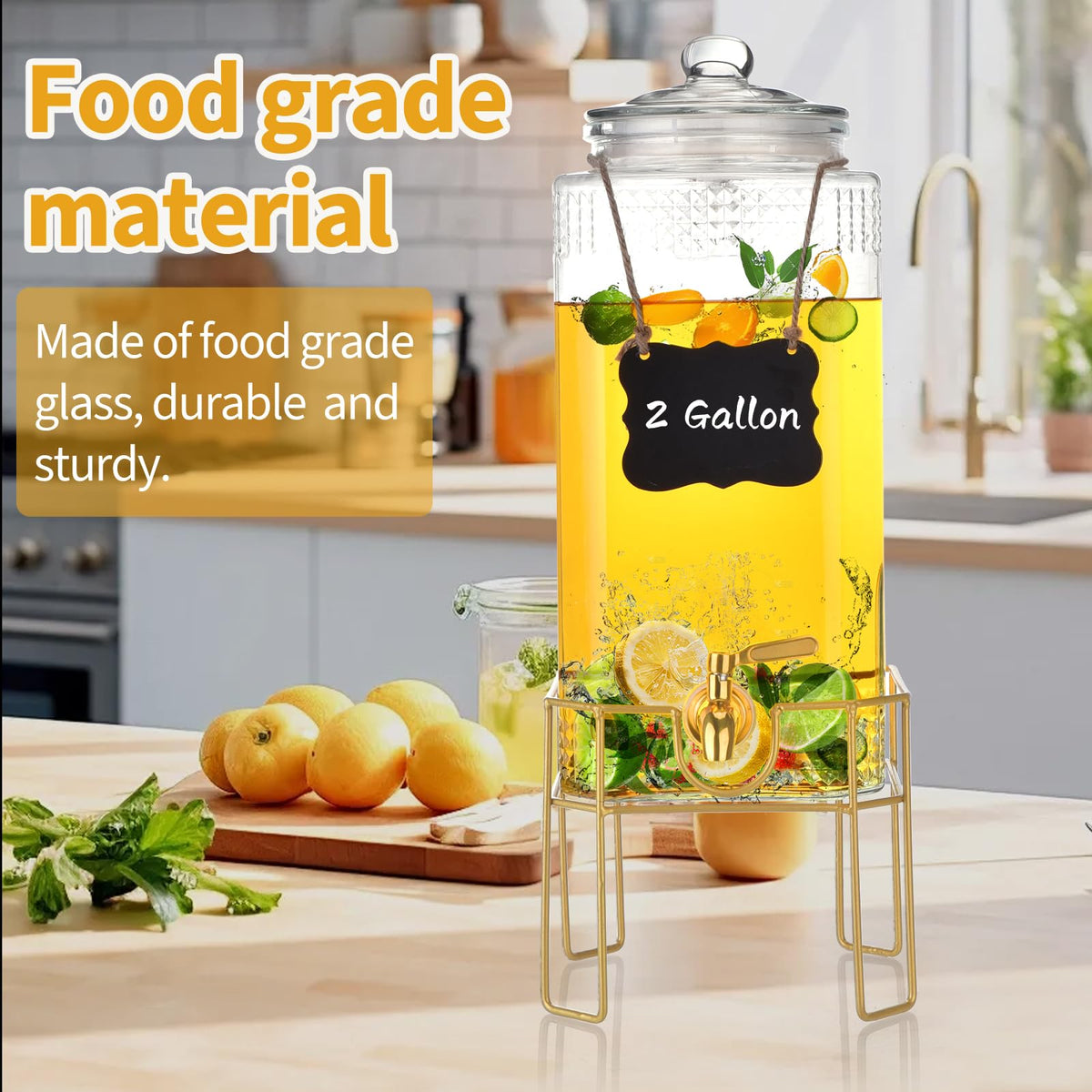 2 Gallon Drink Dispenser with Stand, Glass Lid and Stainless Steel Spigot T5701