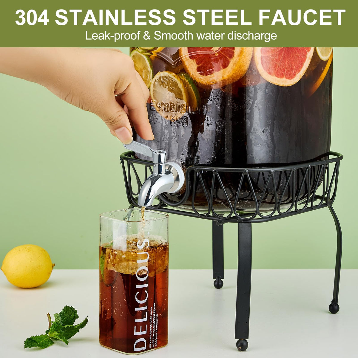 2 Gallon Glass Beverage Dispenser with Stand and Lid H392