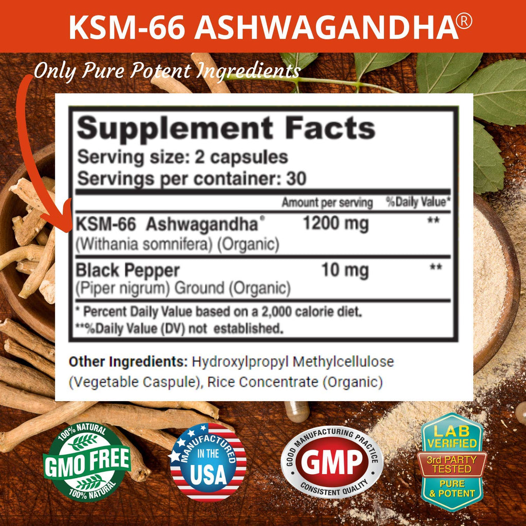 Ashwagandha Capsules 1200mg Root Extract with Black Pepper 60 Vegan Capsules K753997