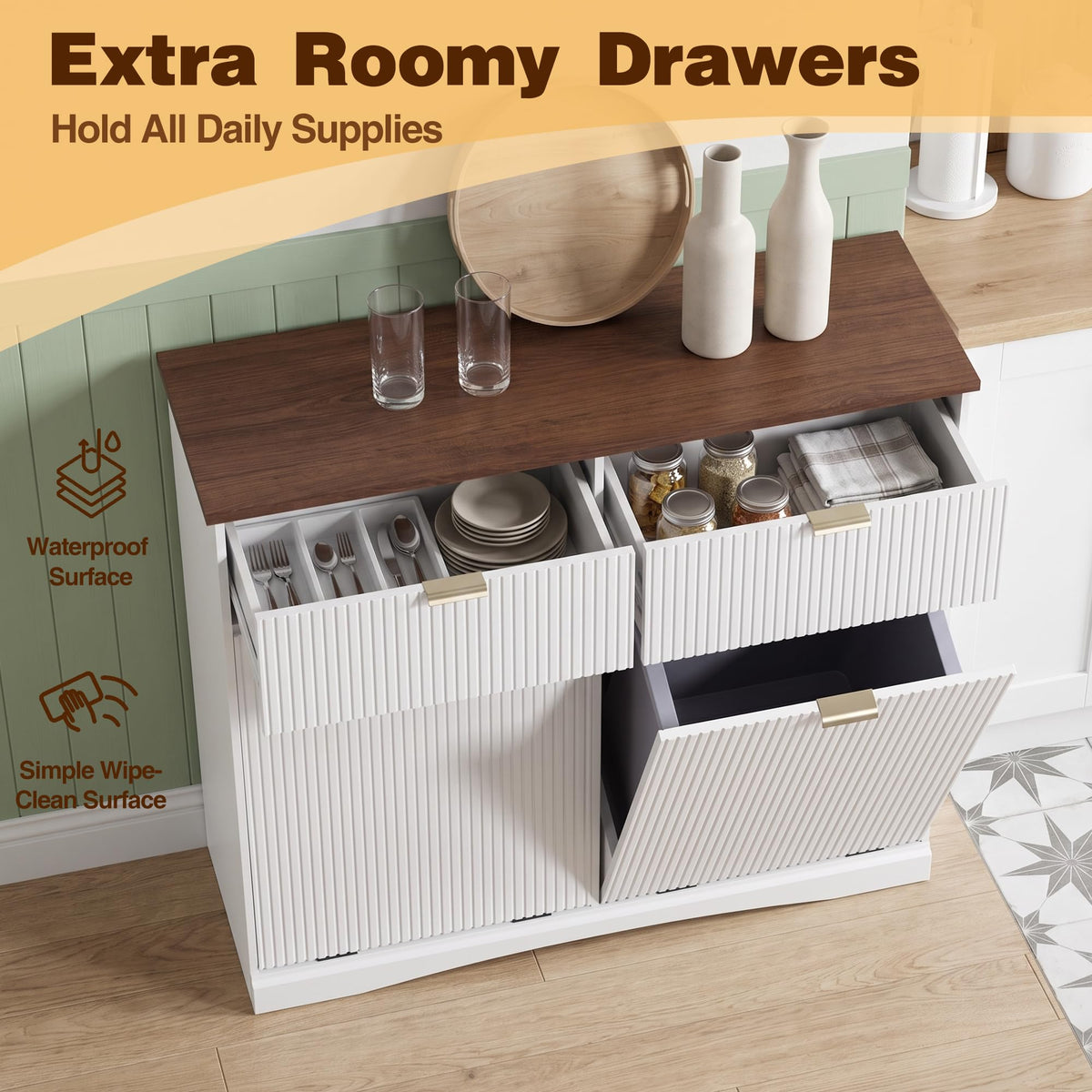 Double Tilt Out Trash Cabinet, 2x10 Gallon Fluted Hidden Laundry Hamper with Drawers, White and Dark Walnut S903304