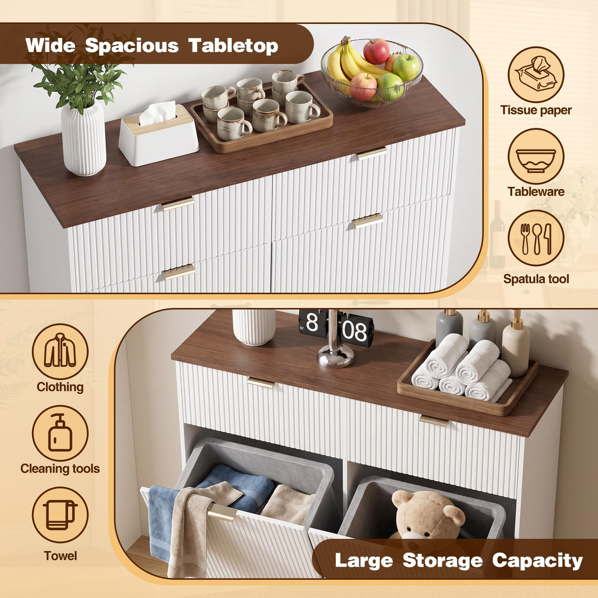 Double Tilt Out Trash Cabinet, 2x10 Gallon Fluted Hidden Laundry Hamper with Drawers, White and Dark Walnut S903304