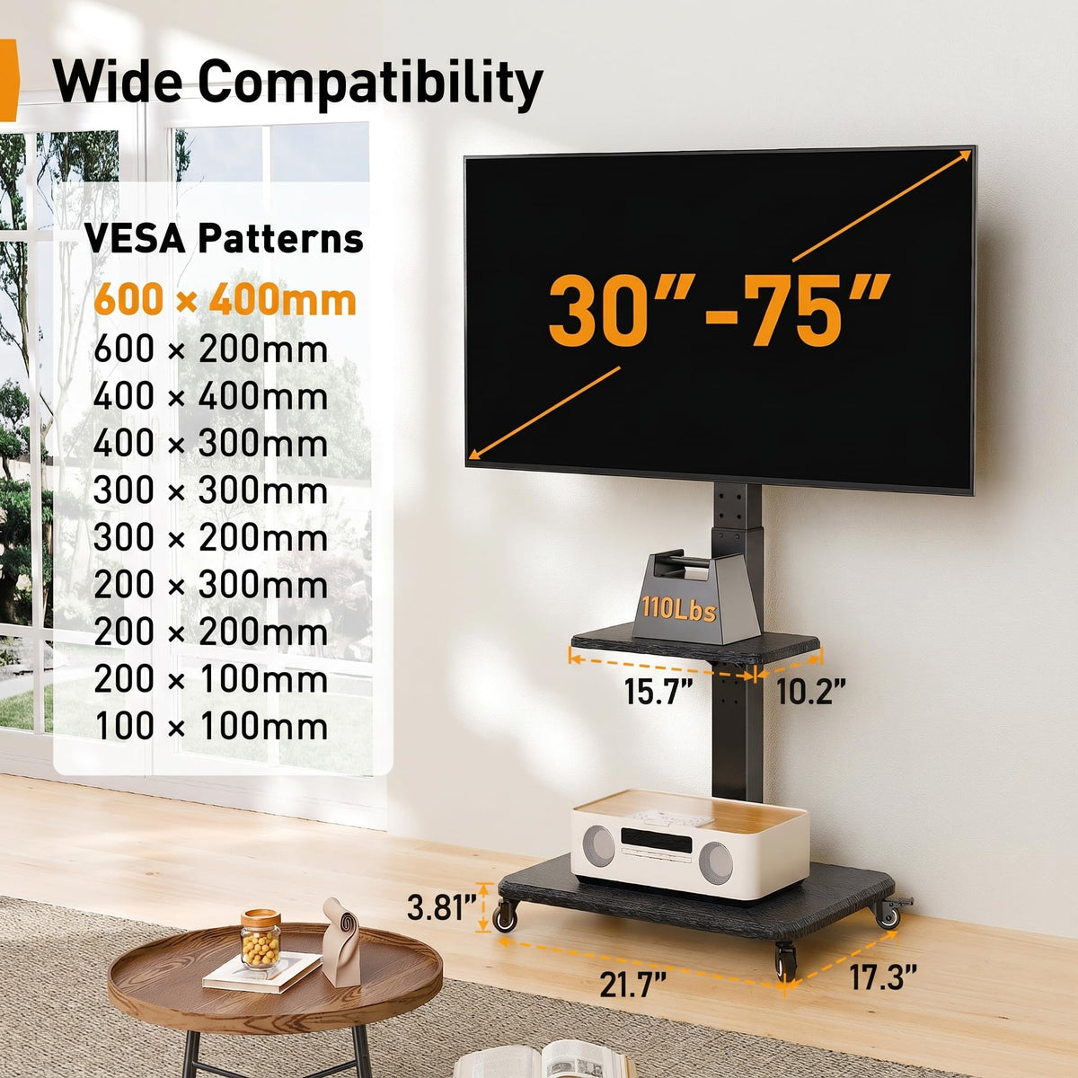 Rolling TV Stand with Wheels for 30-75 Inch TVs T84142