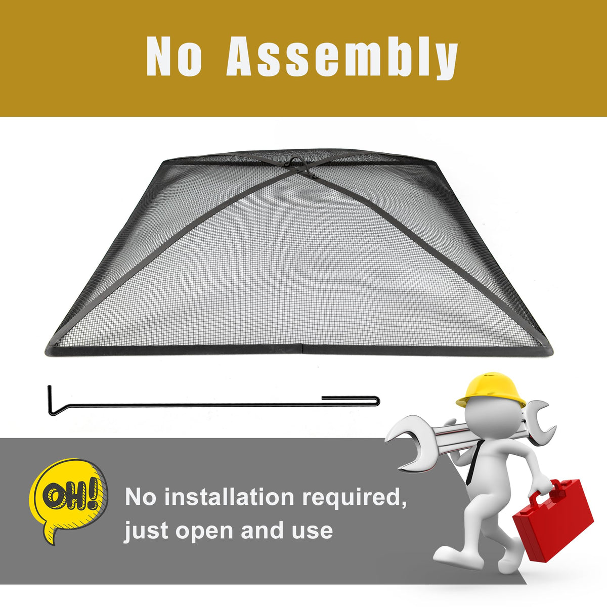 32In Square Heavy Duty Fire Pit Screen Cover with Handle and Poker Black N184026