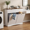 Double Tilt Out Trash Cabinet, 2x10 Gallon Fluted Hidden Laundry Hamper with Drawers, White and Dark Walnut S903304