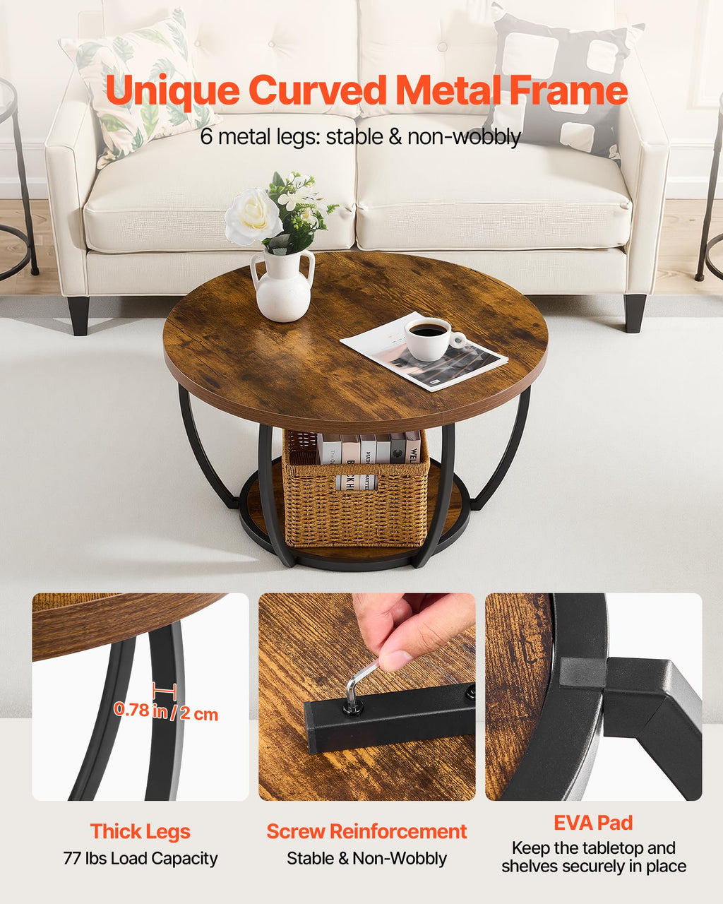 Round Coffee Table, 31.5" 2 Tiers Wooden with Metal Frame, Rustic Brown U81707