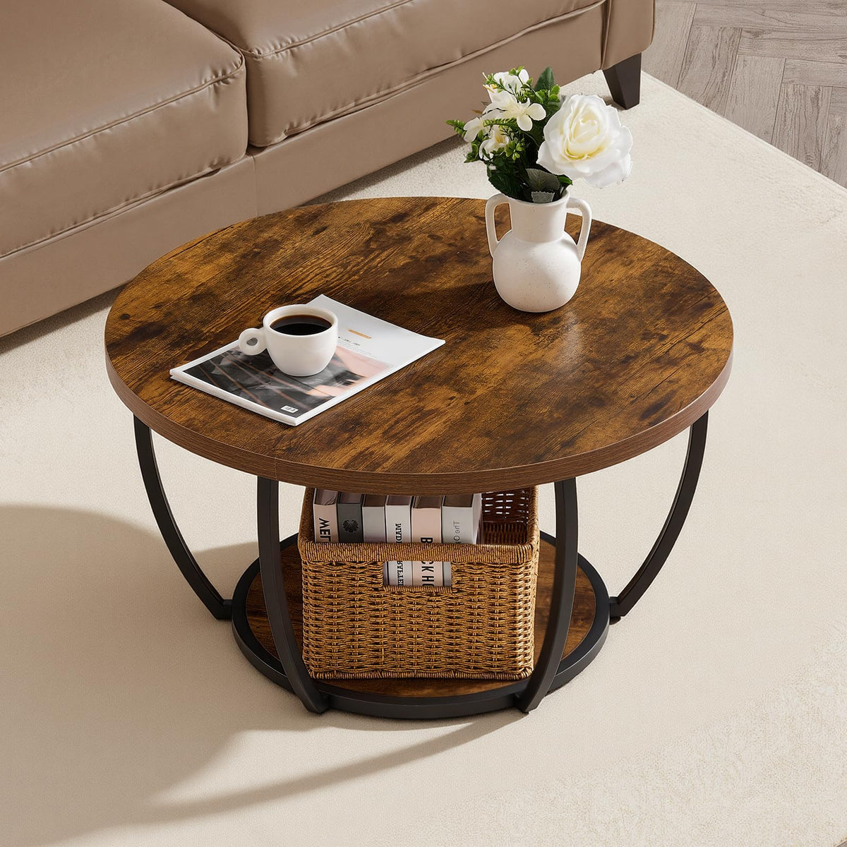 Round Coffee Table, 31.5" 2 Tiers Wooden with Metal Frame, Rustic Brown U81707