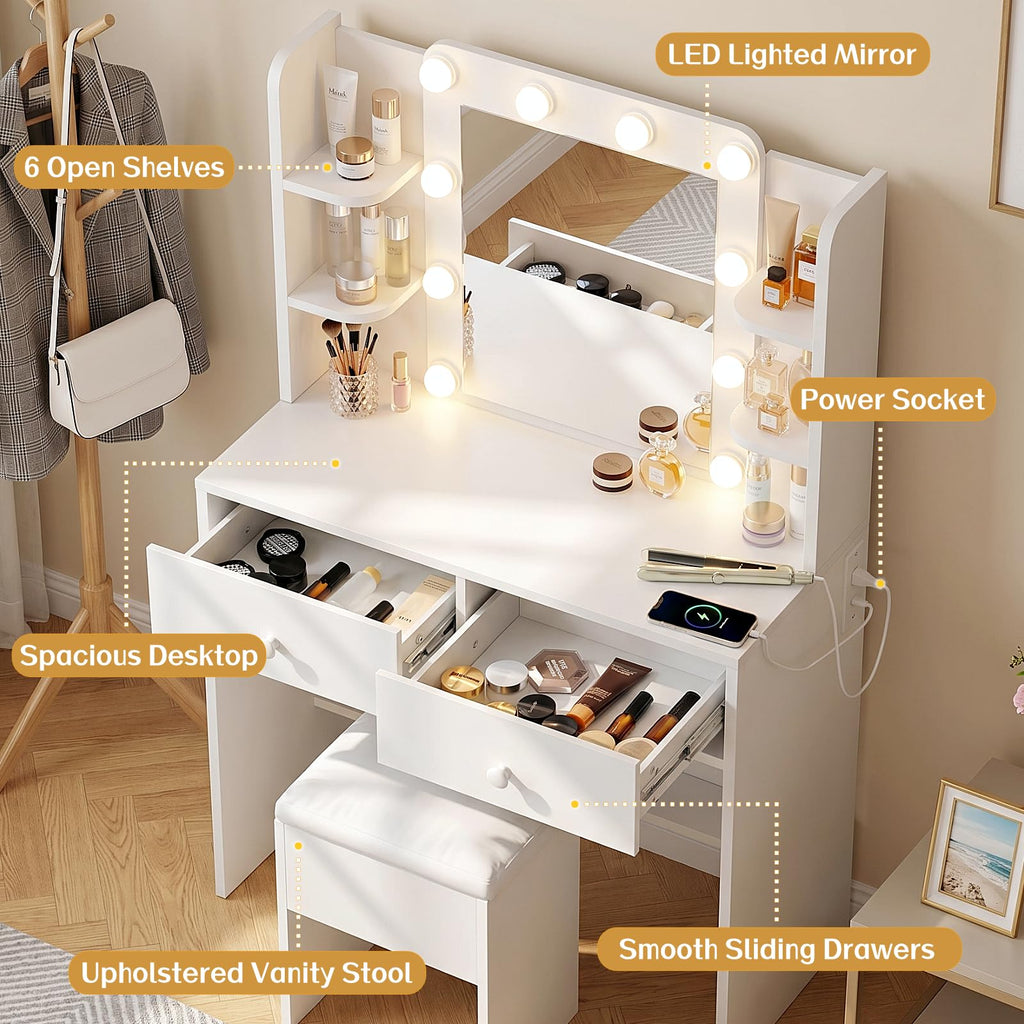 White Vanity Desk with Mirror and Chair Set P8913