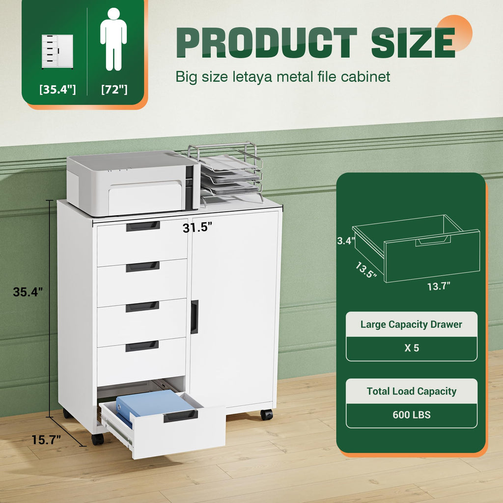 White 5 Drawer Storage Cabinet with Shelves and Door U6705