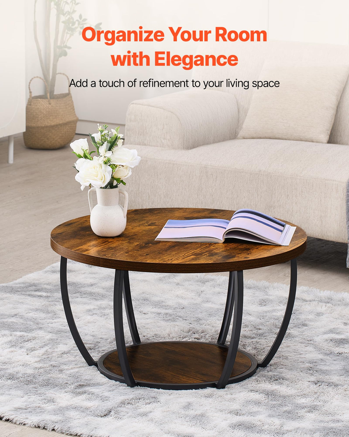 Round Coffee Table, 31.5" 2 Tiers Wooden with Metal Frame, Rustic Brown U81707