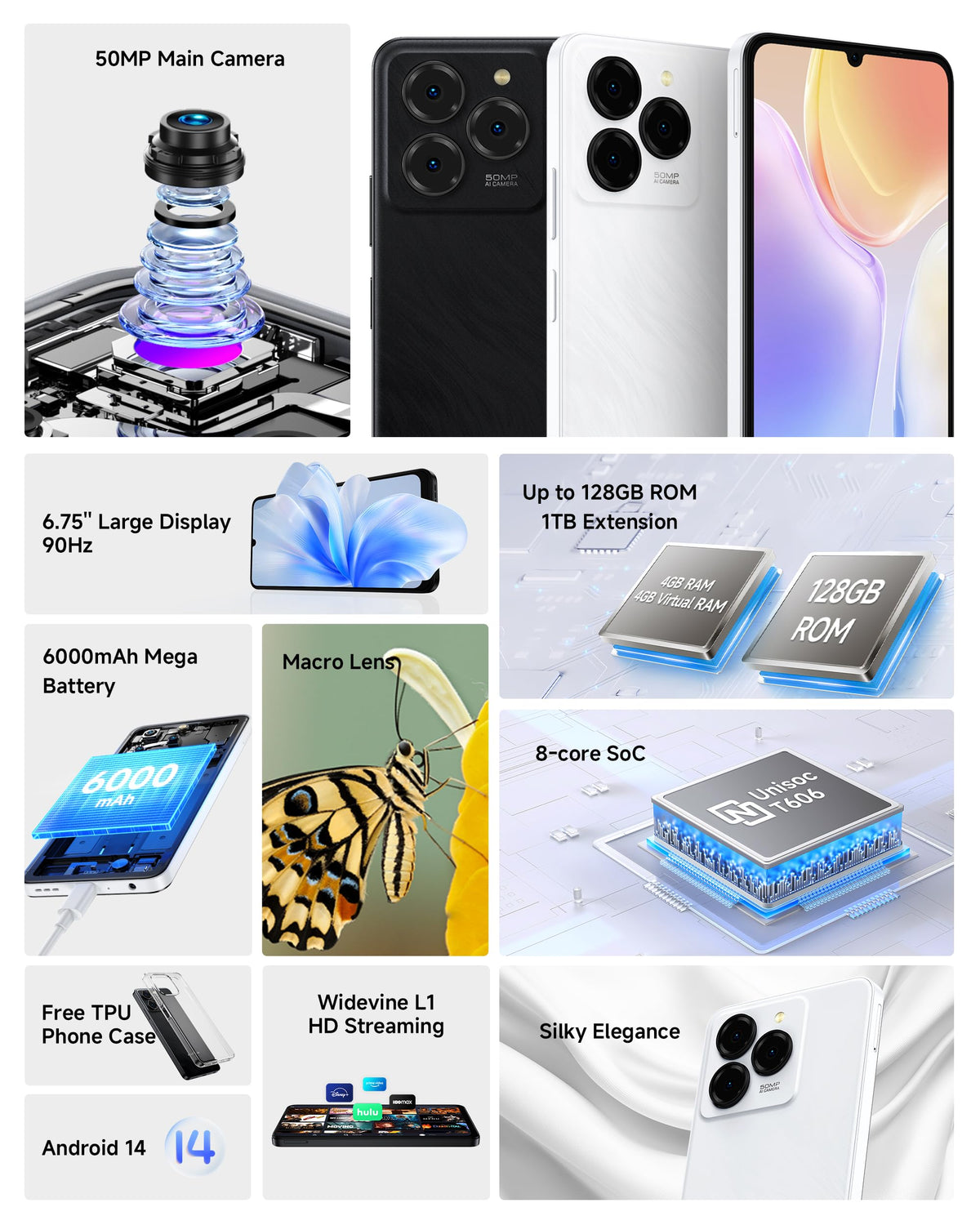 Unlocked Smartphone 8GB+128GB 6.75" 90Hz Android 14 50MP Camera 6000mAh White L3175
