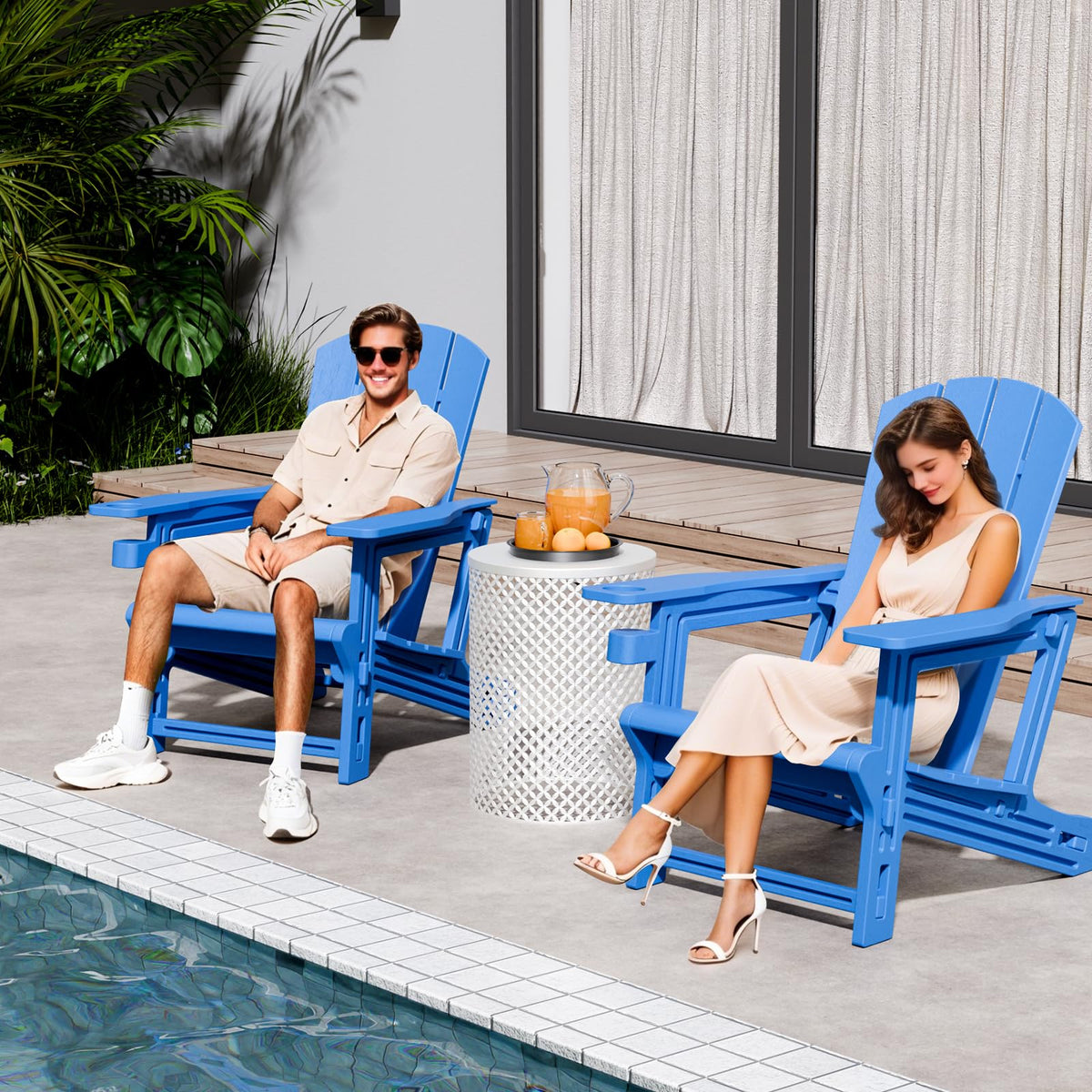 Klein Blue Plastic Adirondack Chairs Set of 2 with Cup Holder V16334