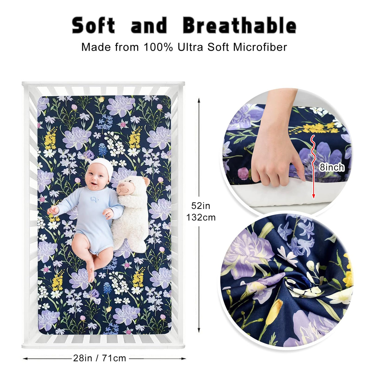 Soft Floral Crib Sheets 3 Pack 28'' X 52'' Fitted Microfiber Violet W33529