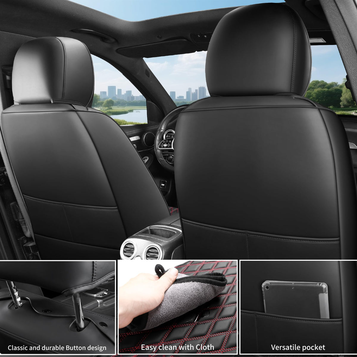 Black and Red Thick Nappa Leather Car Seat Covers Set of 2 Z234951