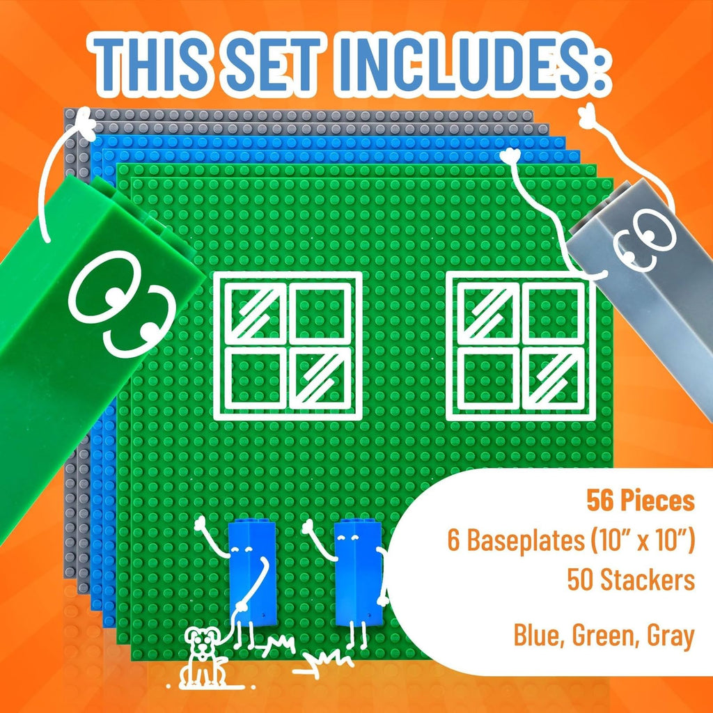 10 x 10 in 6 Baseplates with 50 Stackers Building Toy Blocks K50187