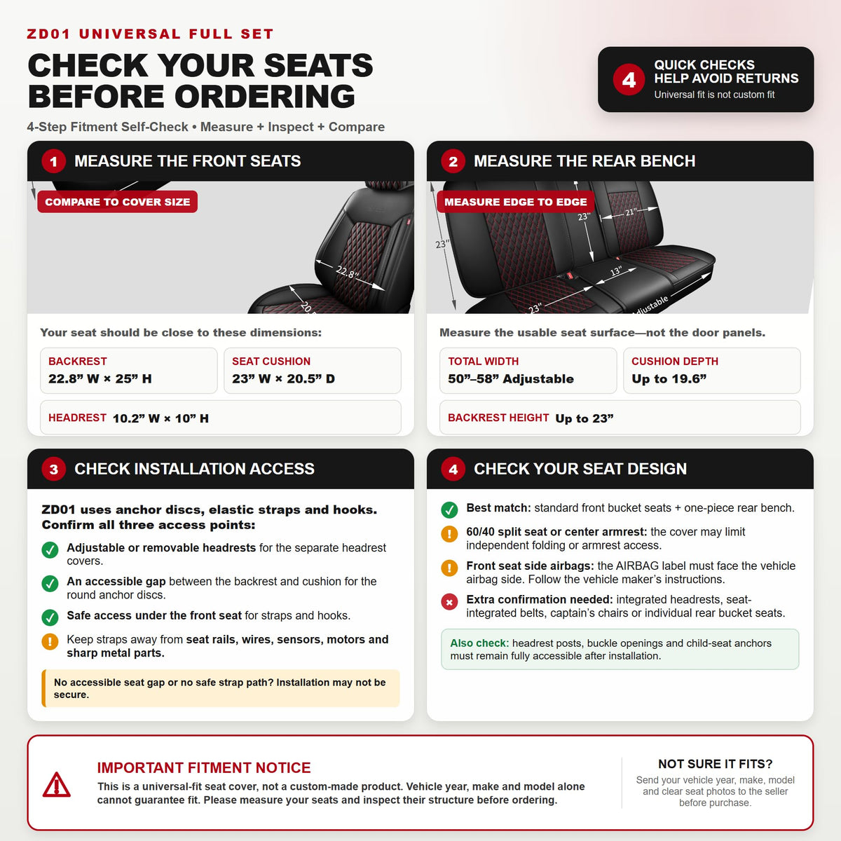 Black and Red Thick Nappa Leather Car Seat Covers Set of 2 Z234951