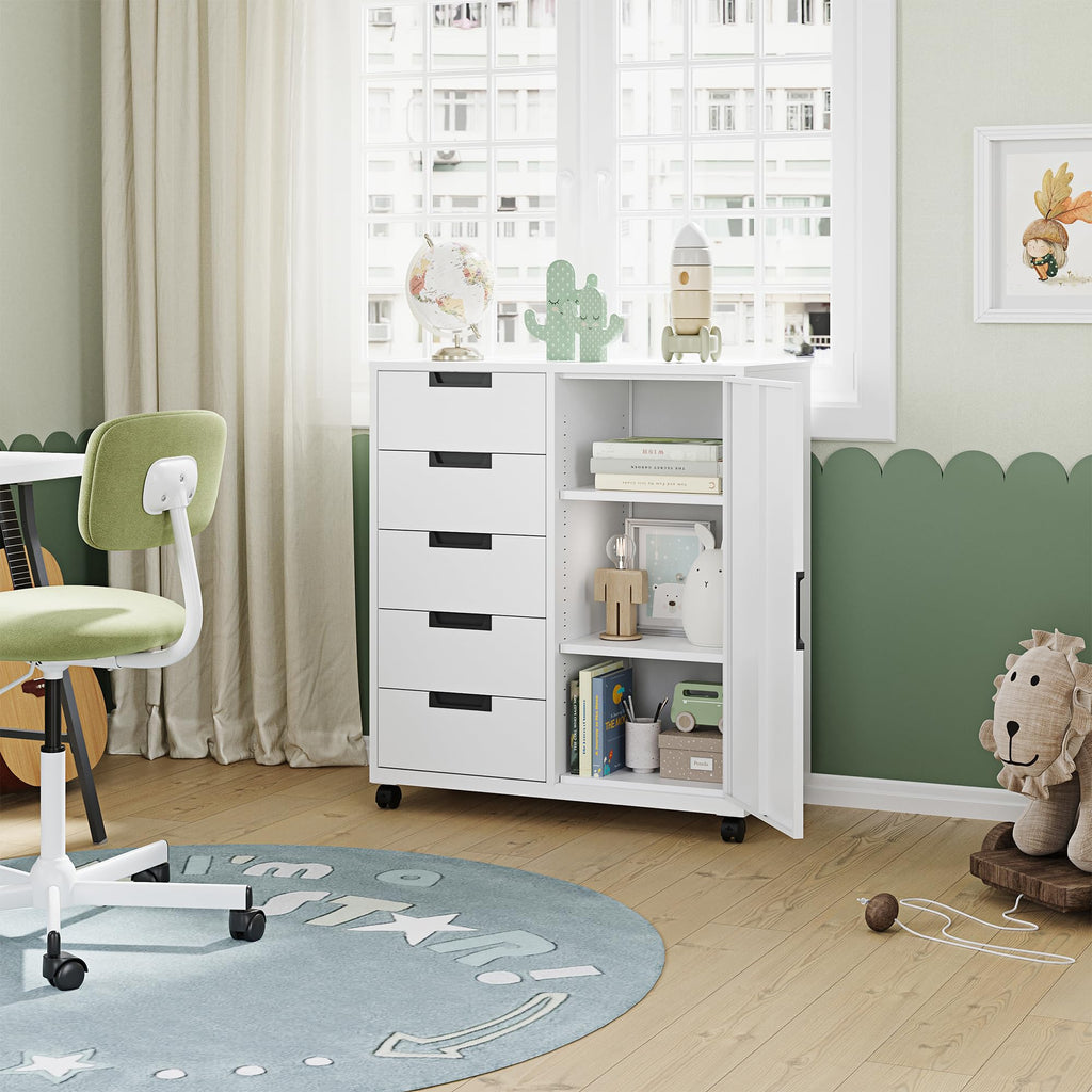 White 5 Drawer Storage Cabinet with Shelves and Door U6705