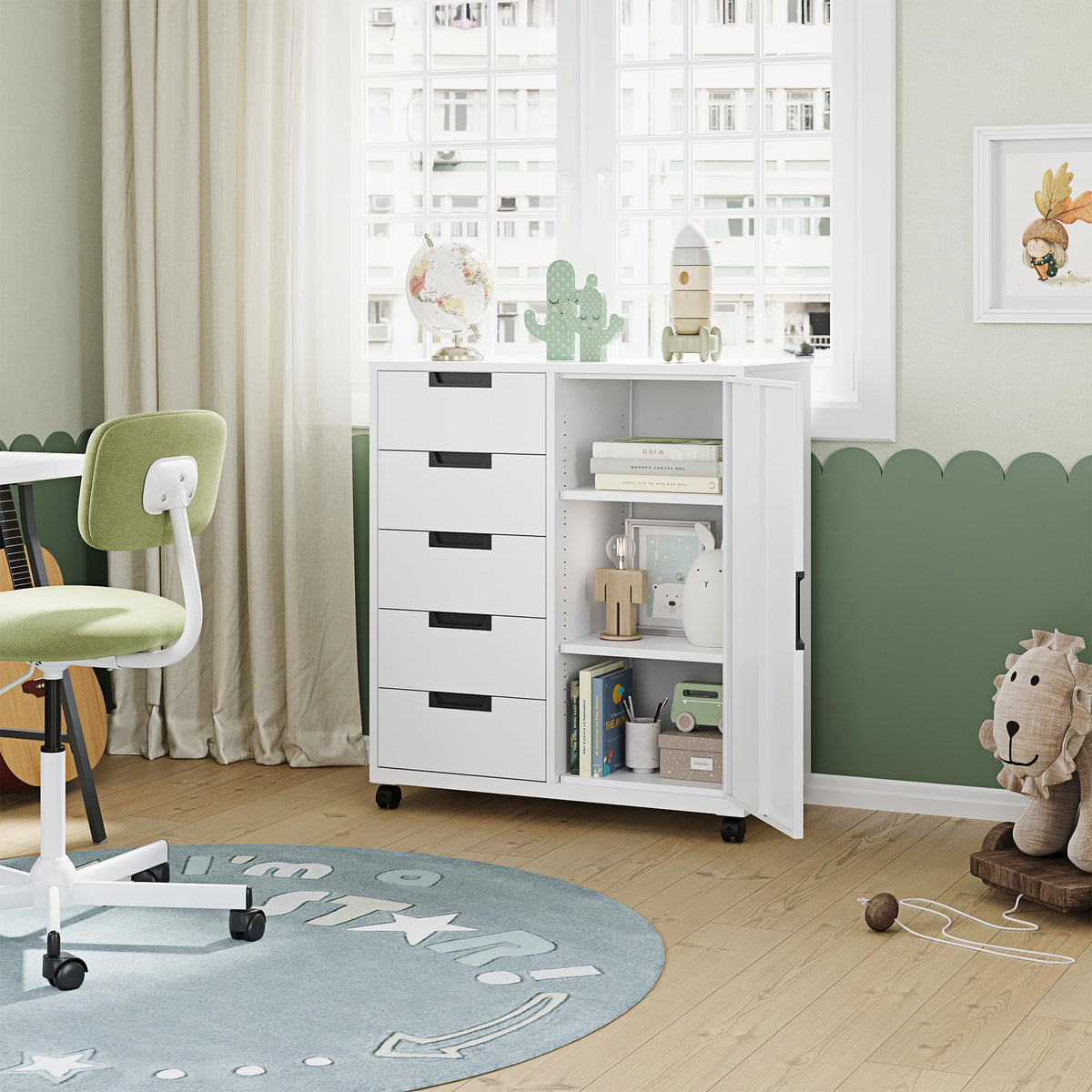 White 5 Drawer Storage Cabinet with Shelves and Door U6705