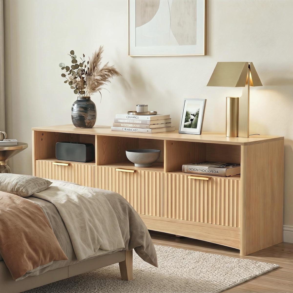 59″ Wide 3 Drawer TV Stand with Open Shelves, Natural Oak O49410