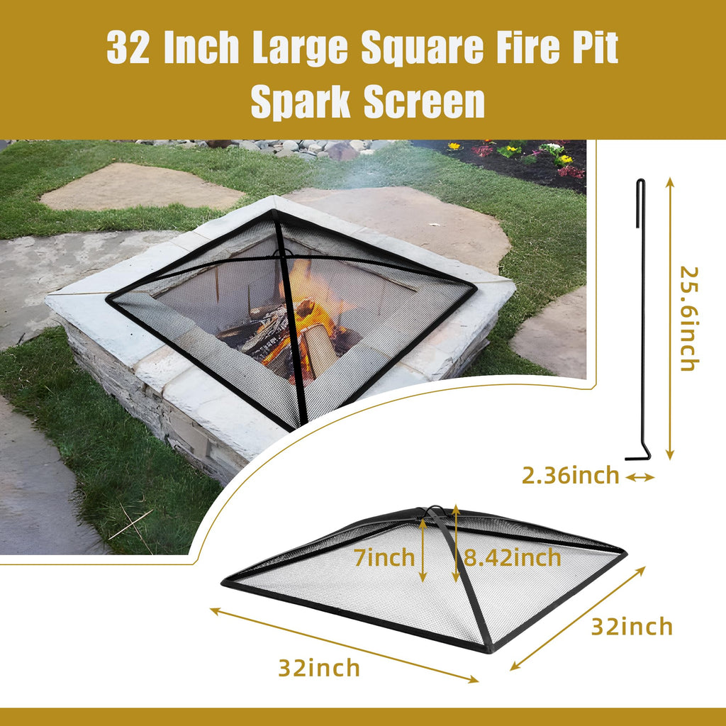 32In Square Heavy Duty Fire Pit Screen Cover with Handle and Poker Black N184026