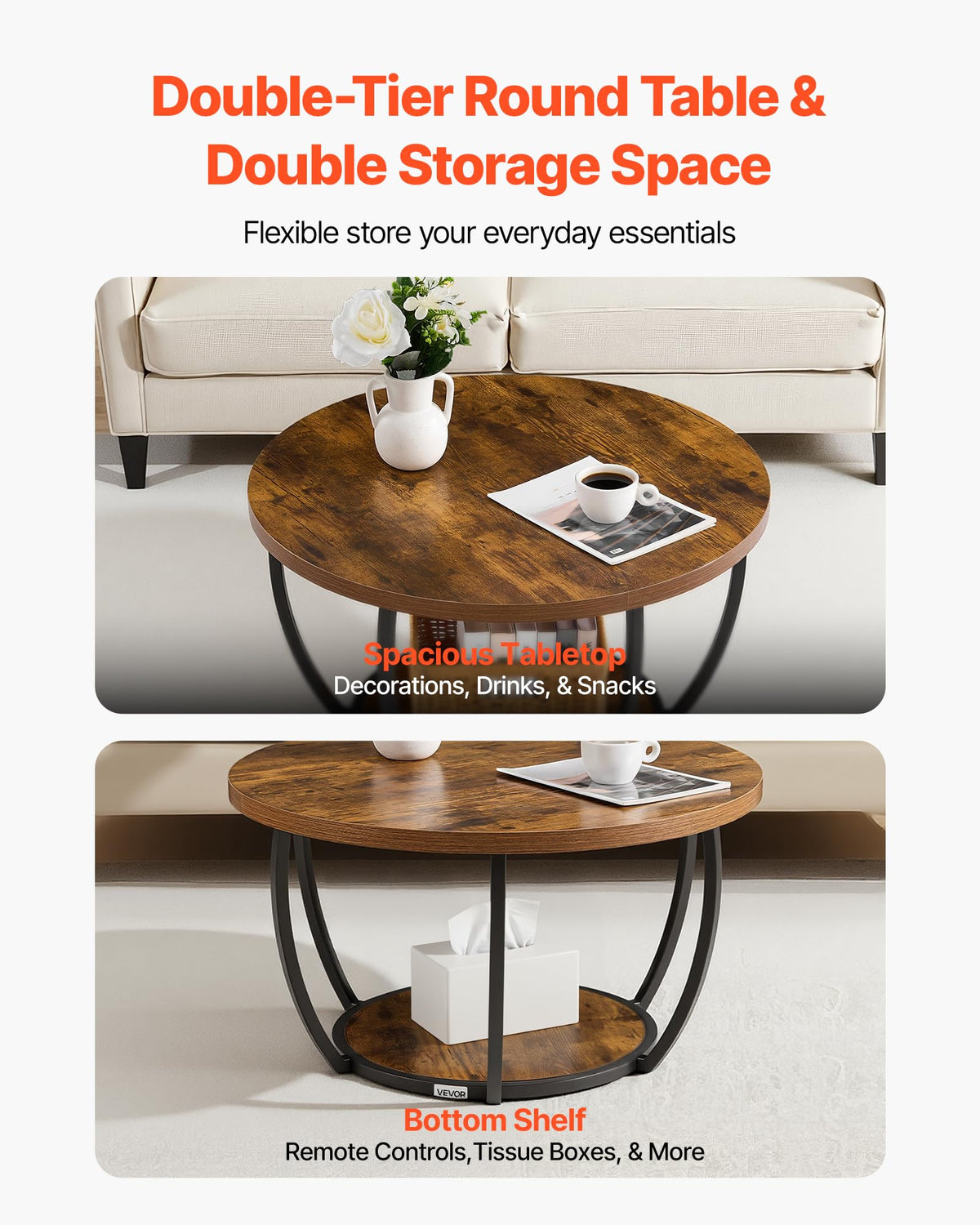 Round Coffee Table, 31.5" 2 Tiers Wooden with Metal Frame, Rustic Brown U81707