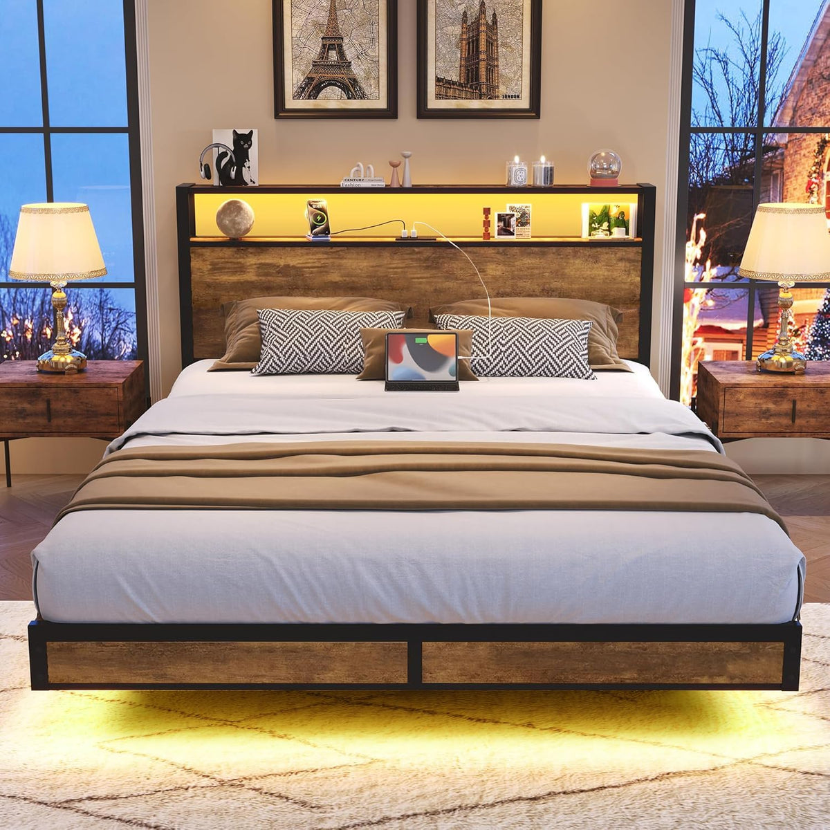 Queen Size Metal Platform Bed Frame with Storage Headboard L92346