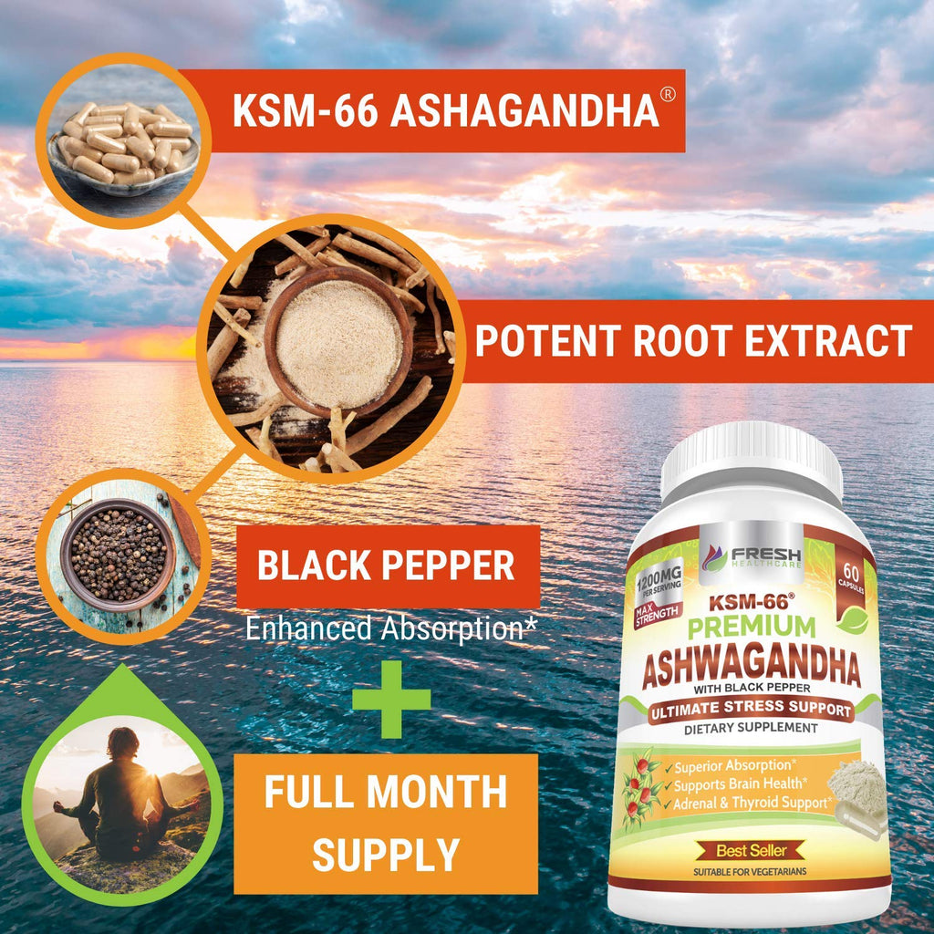 Ashwagandha Capsules 1200mg Root Extract with Black Pepper 60 Vegan Capsules K753997