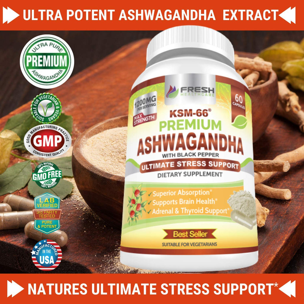 Ashwagandha Capsules 1200mg Root Extract with Black Pepper 60 Vegan Capsules K753997