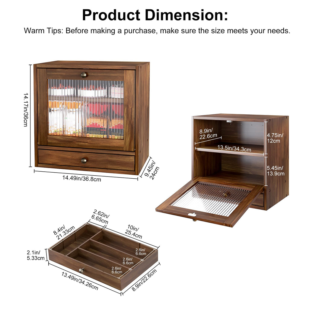 Wooden Bread Box with Drawer & Window H2308
