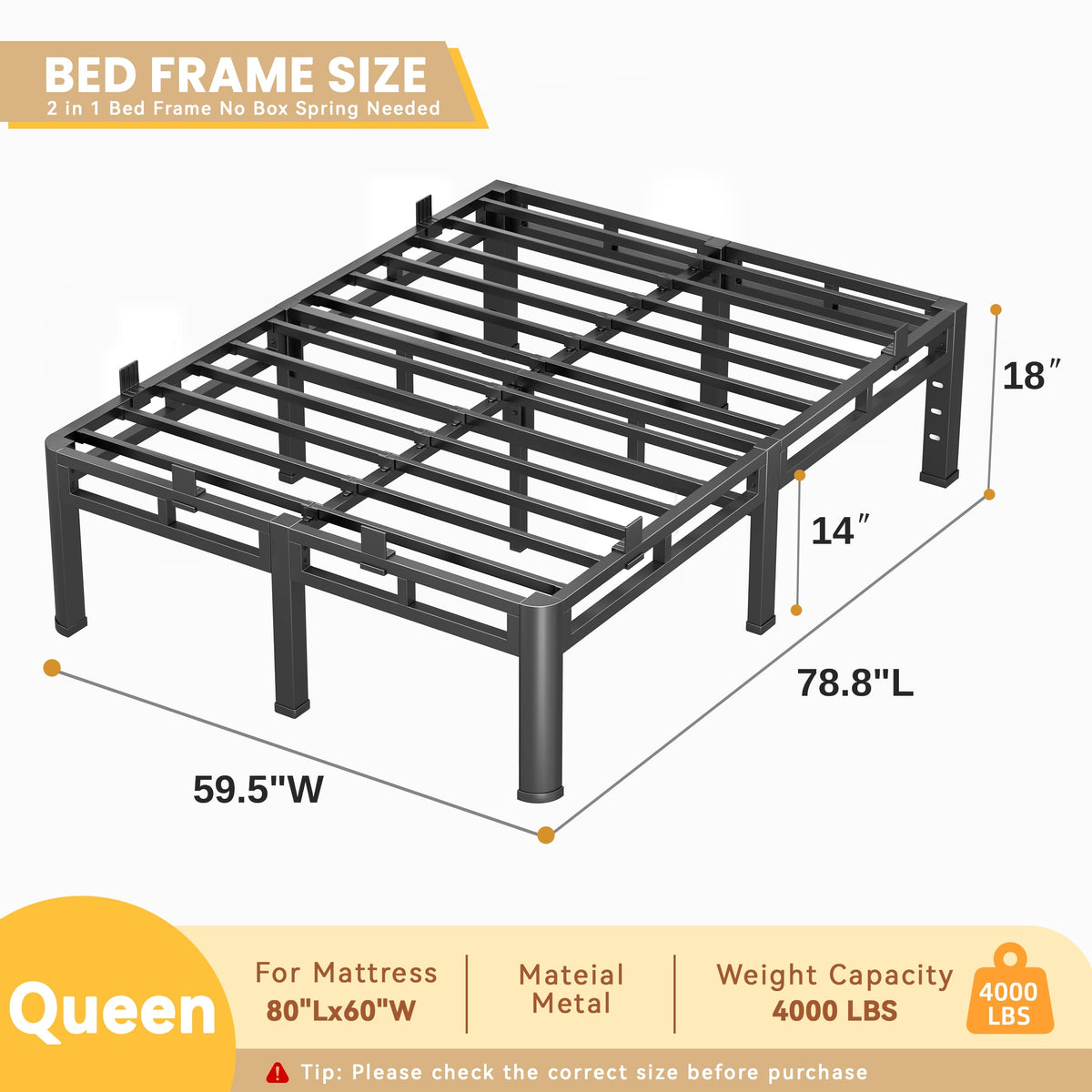 Queen 18 Inch Tall Metal Platform Bed Frame W3265