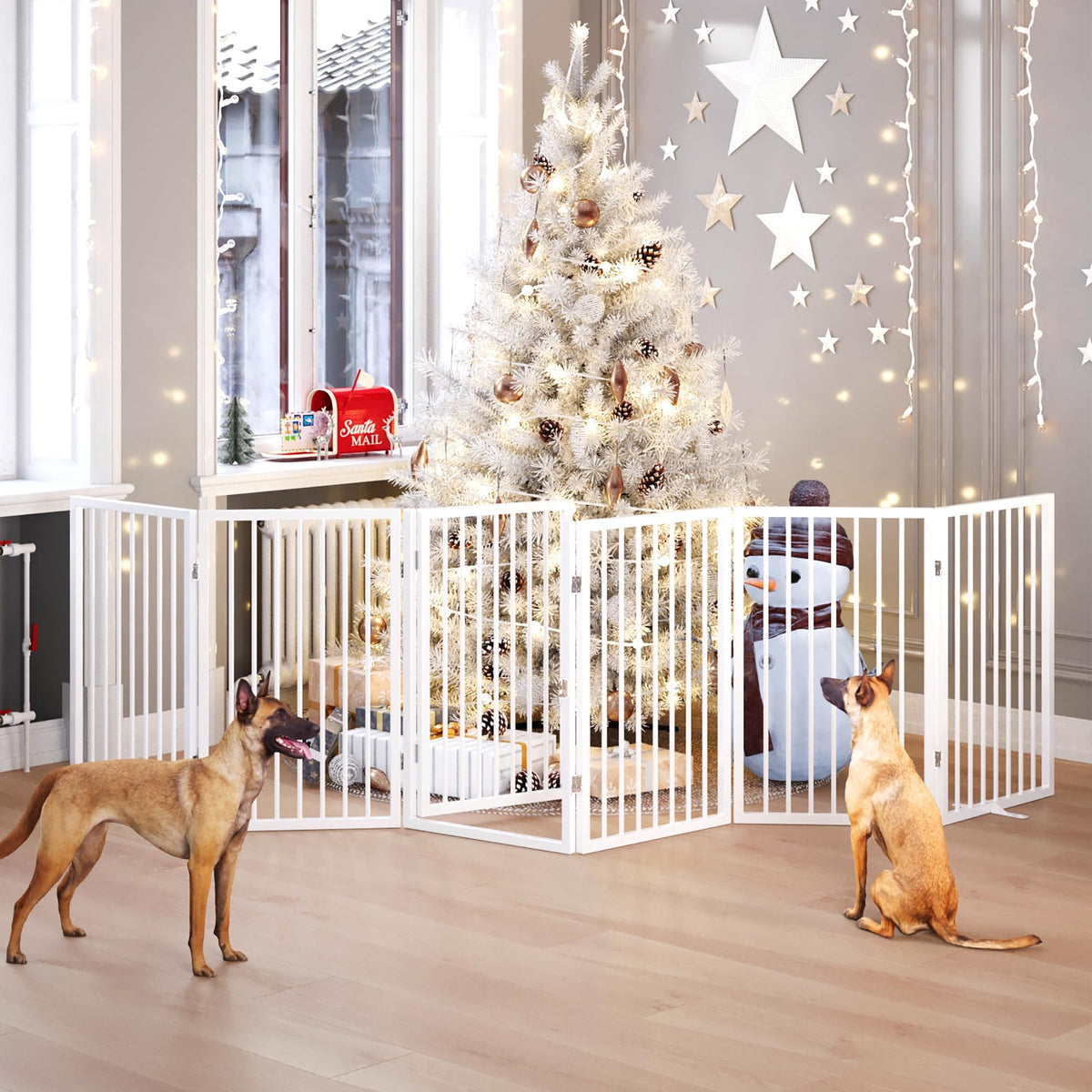 120" x 32" Foldable Freestanding Extra Wide Dog Gate with Door, White H8147