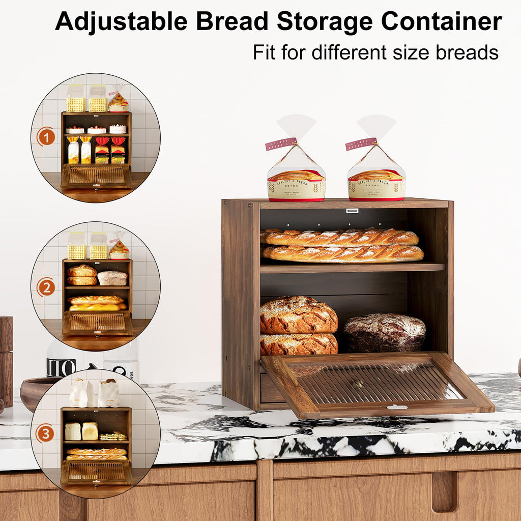 Wooden Bread Box with Drawer & Window H2308