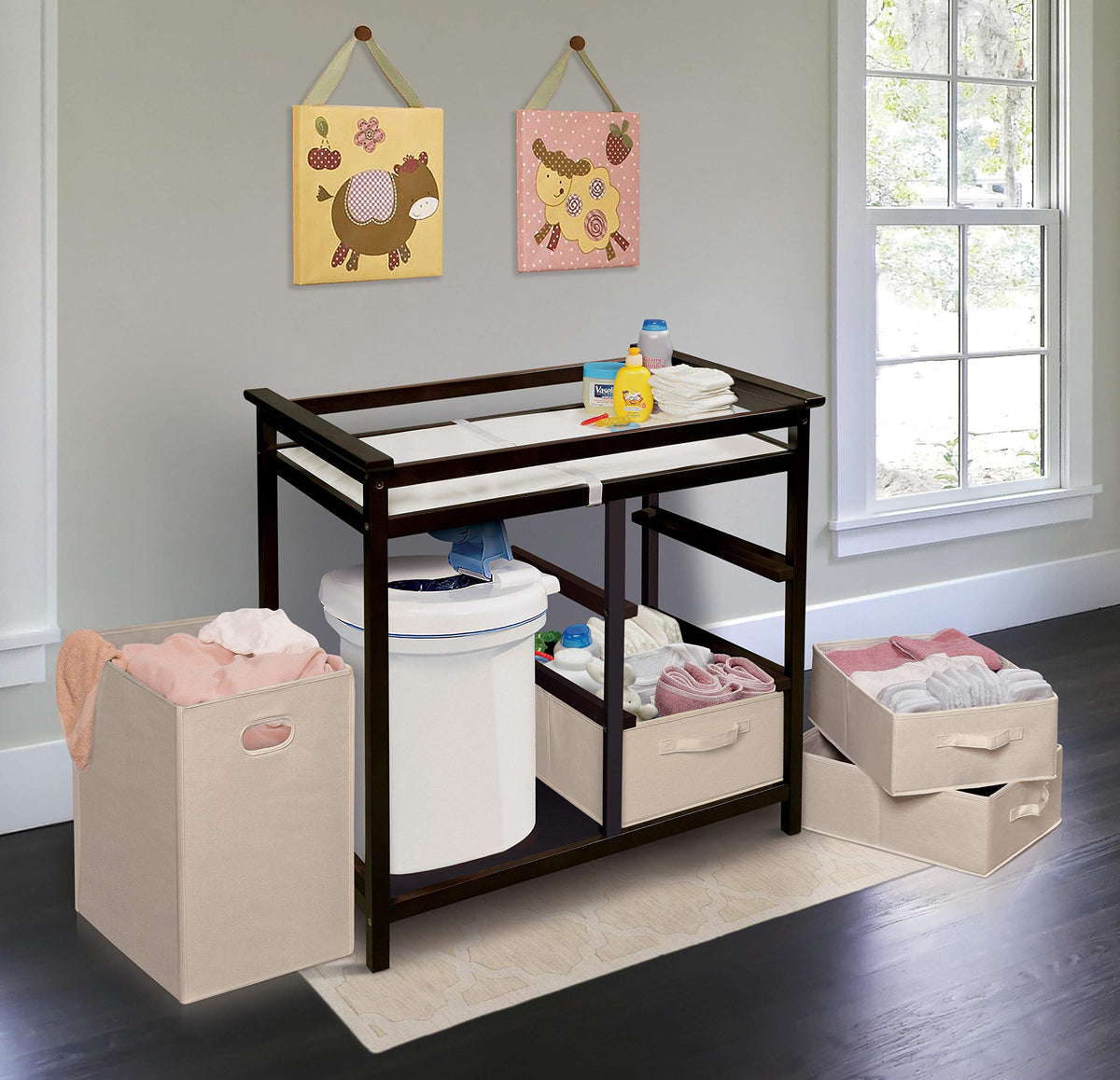 Baby Changing Table with Laundry Hamper and 3 Storage Drawers B89970