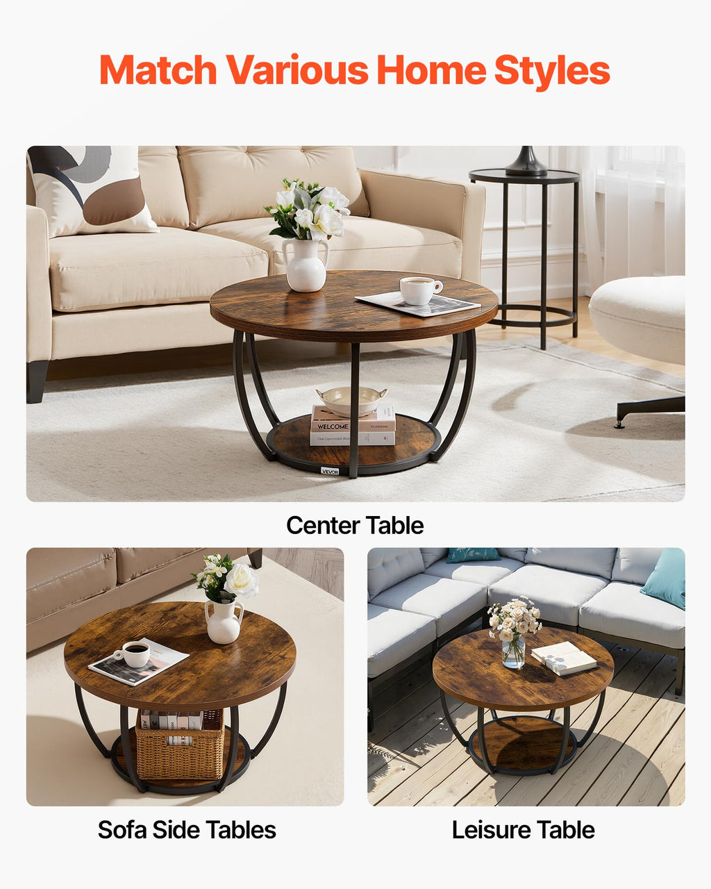 Round Coffee Table, 31.5" 2 Tiers Wooden with Metal Frame, Rustic Brown U81707