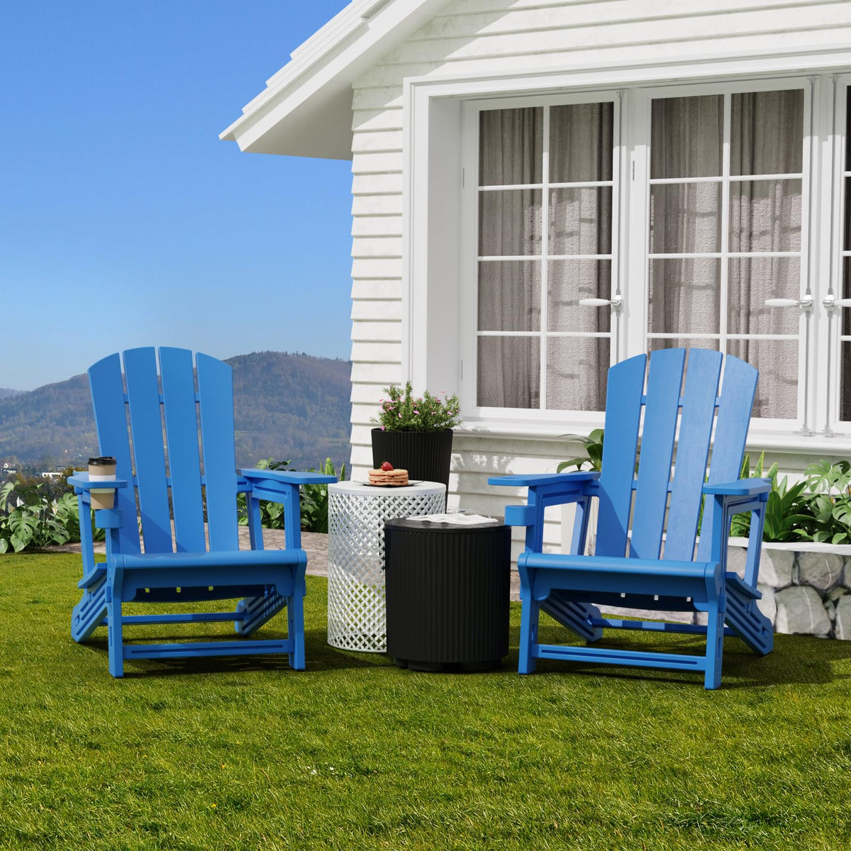 Klein Blue Plastic Adirondack Chairs Set of 2 with Cup Holder V16334