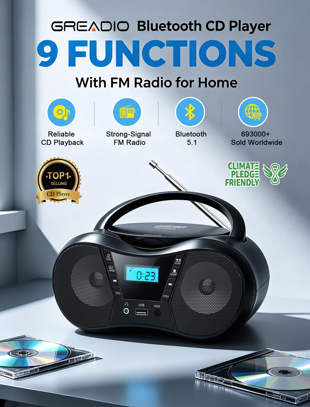 Portable Boombox CD Player with Bluetooth I187