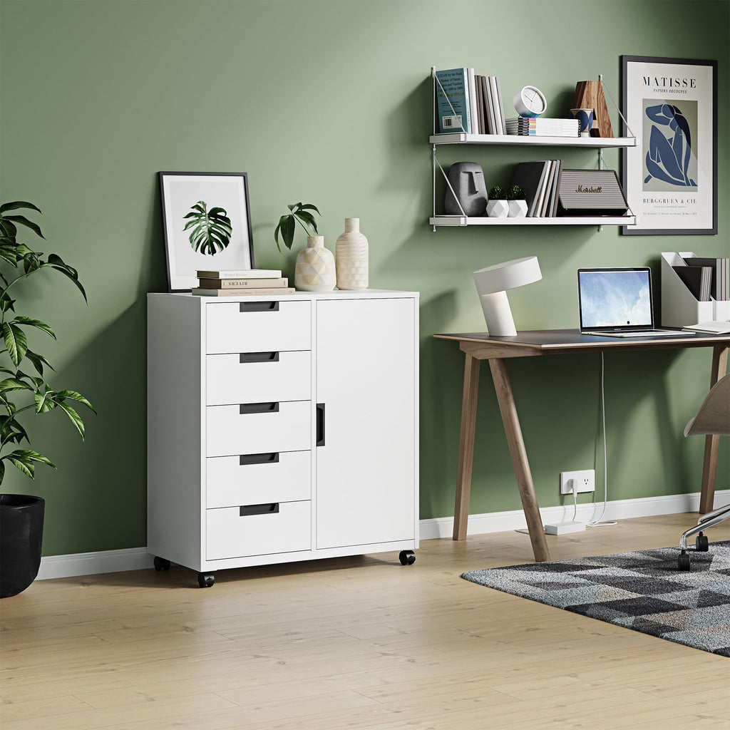 White 5 Drawer Storage Cabinet with Shelves and Door U6705