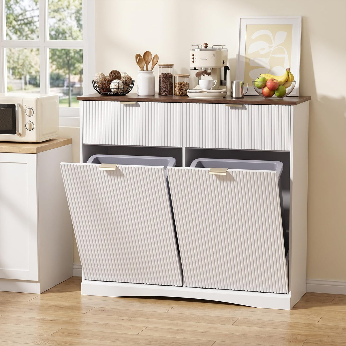 Double Tilt Out Trash Cabinet, 2x10 Gallon Fluted Hidden Laundry Hamper with Drawers, White and Dark Walnut S903304