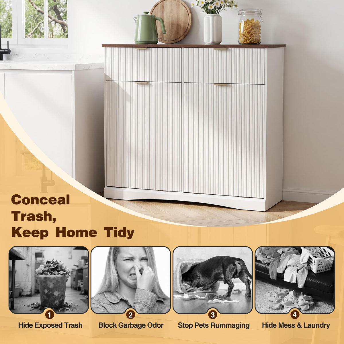 Double Tilt Out Trash Cabinet, 2x10 Gallon Fluted Hidden Laundry Hamper with Drawers, White and Dark Walnut S903304