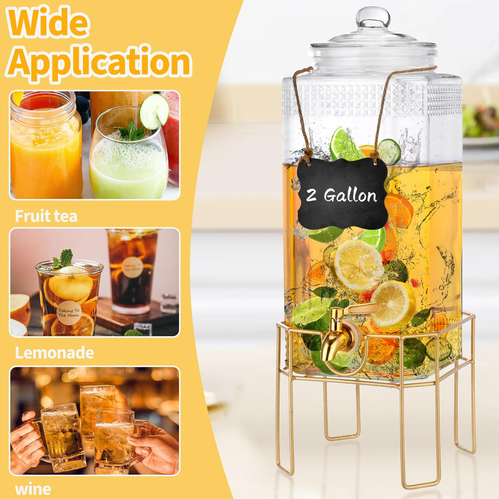 2 Gallon Drink Dispenser with Stand, Glass Lid and Stainless Steel Spigot T5701
