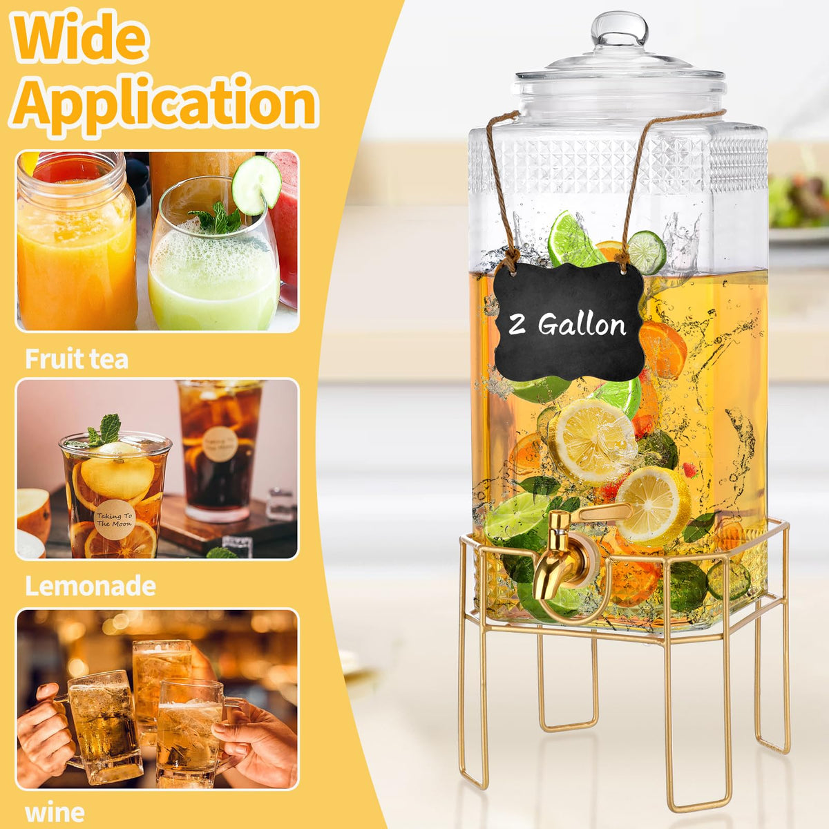 2 Gallon Drink Dispenser with Stand, Glass Lid and Stainless Steel Spigot T5701