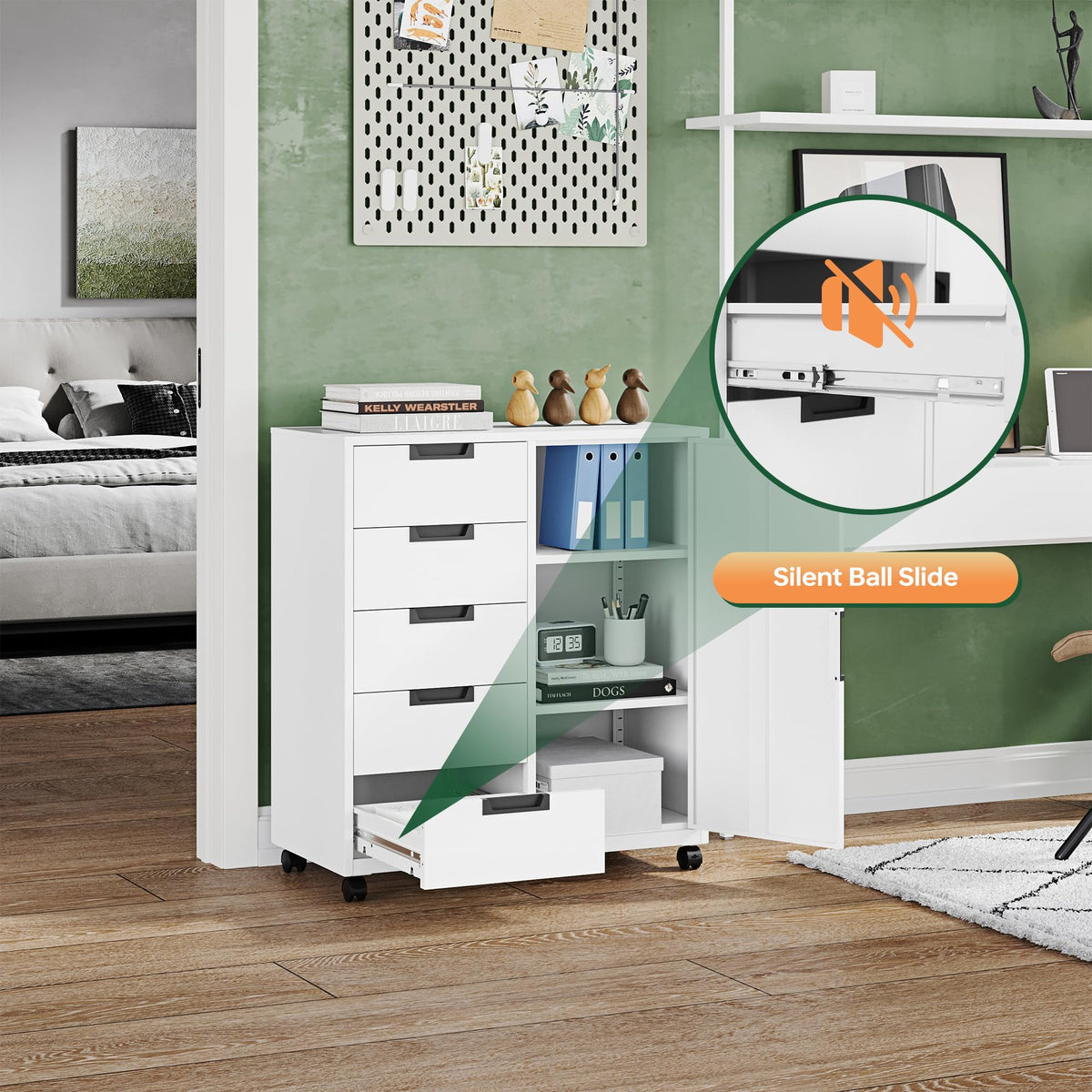 White 5 Drawer Storage Cabinet with Shelves and Door U6705