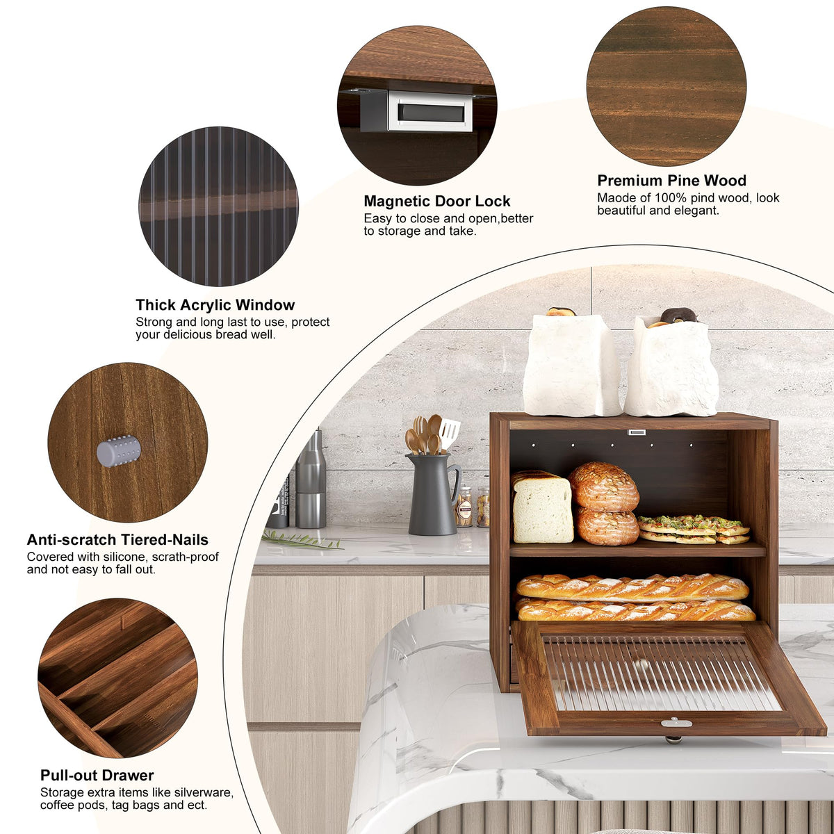 Wooden Bread Box with Drawer & Window H2308