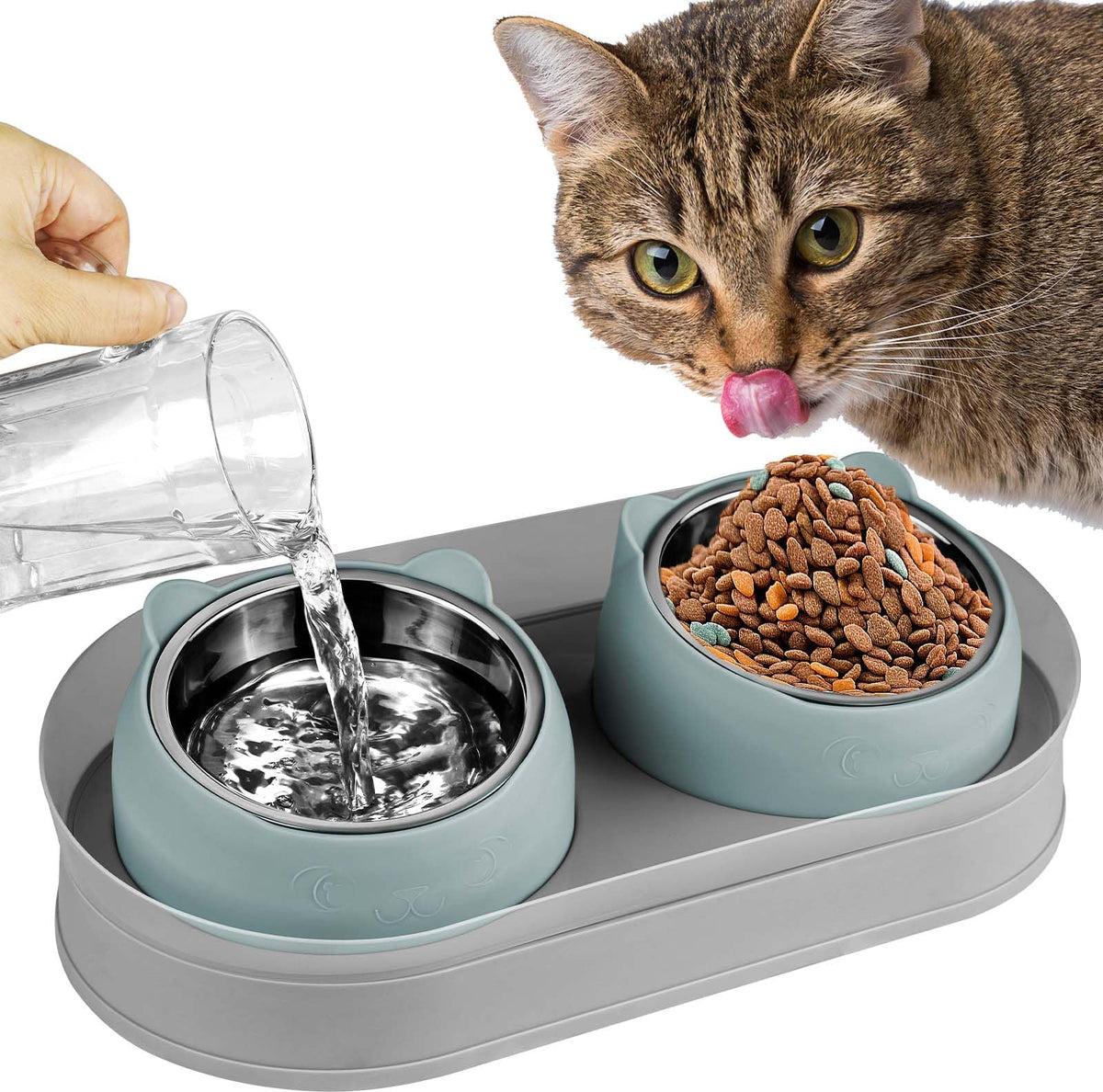 Tilted Stainless Steel Cat Food and Water Bowl Set N949