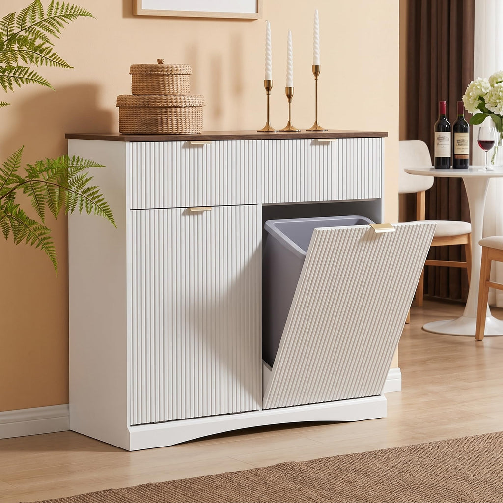 Double Tilt Out Trash Cabinet, 2x10 Gallon Fluted Hidden Laundry Hamper with Drawers, White and Dark Walnut S903304