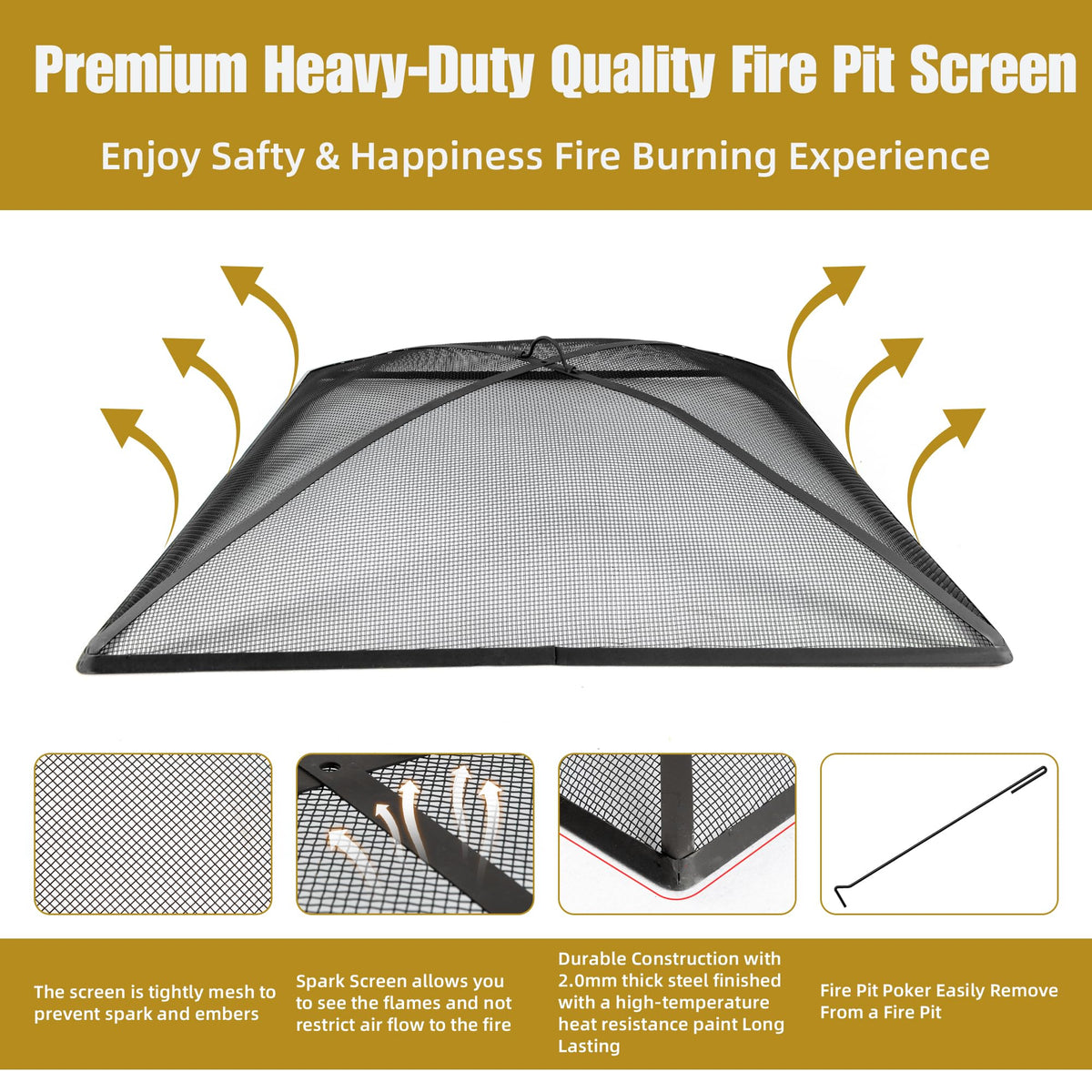 32In Square Heavy Duty Fire Pit Screen Cover with Handle and Poker Black N184026