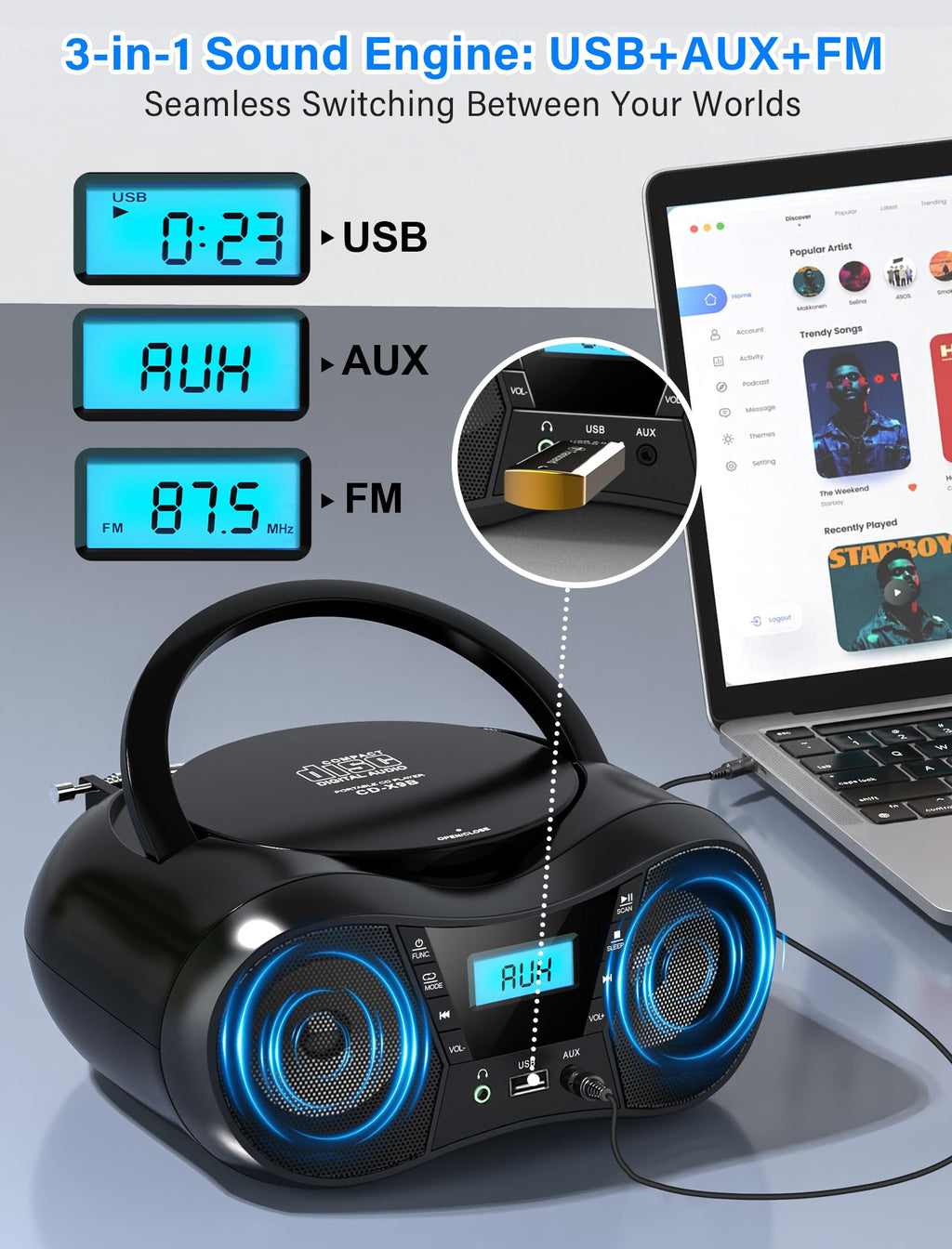 Portable Boombox CD Player with Bluetooth I187