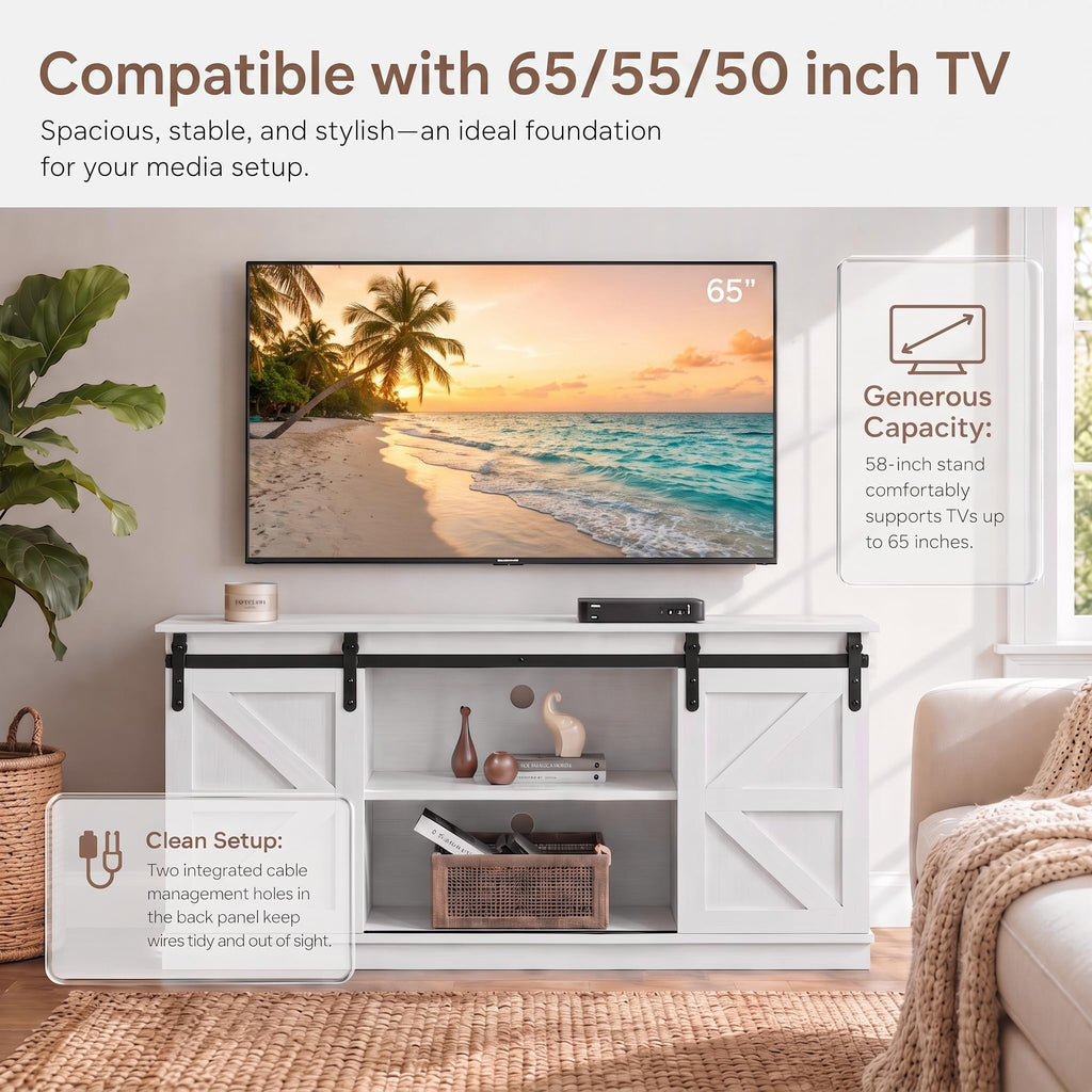 White 58'' TV Stand with Sliding Barn Doors L5517