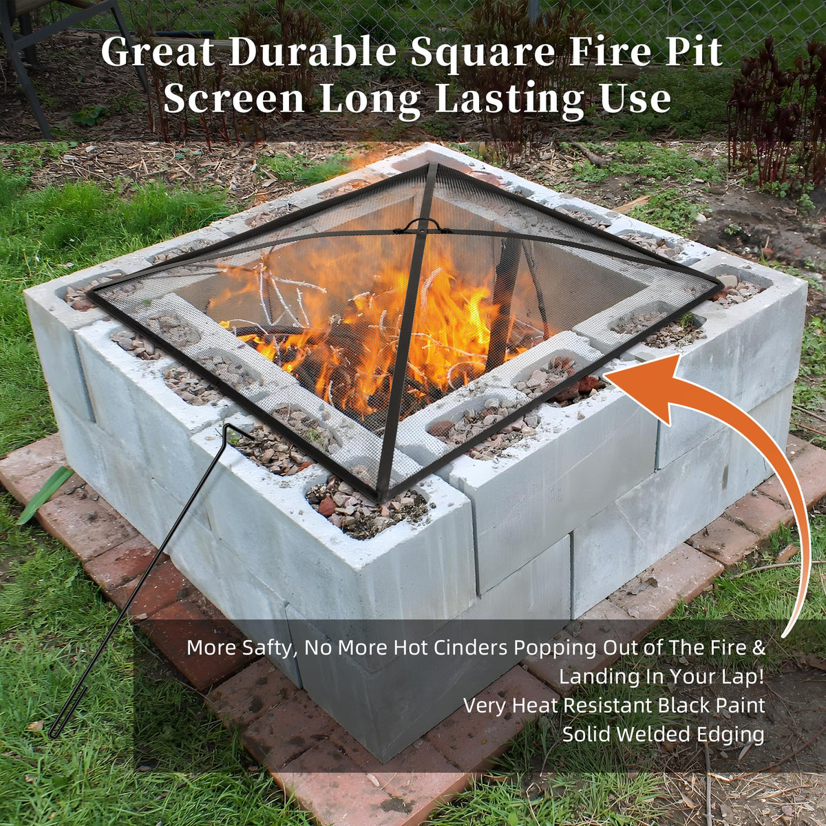 32In Square Heavy Duty Fire Pit Screen Cover with Handle and Poker Black N184026