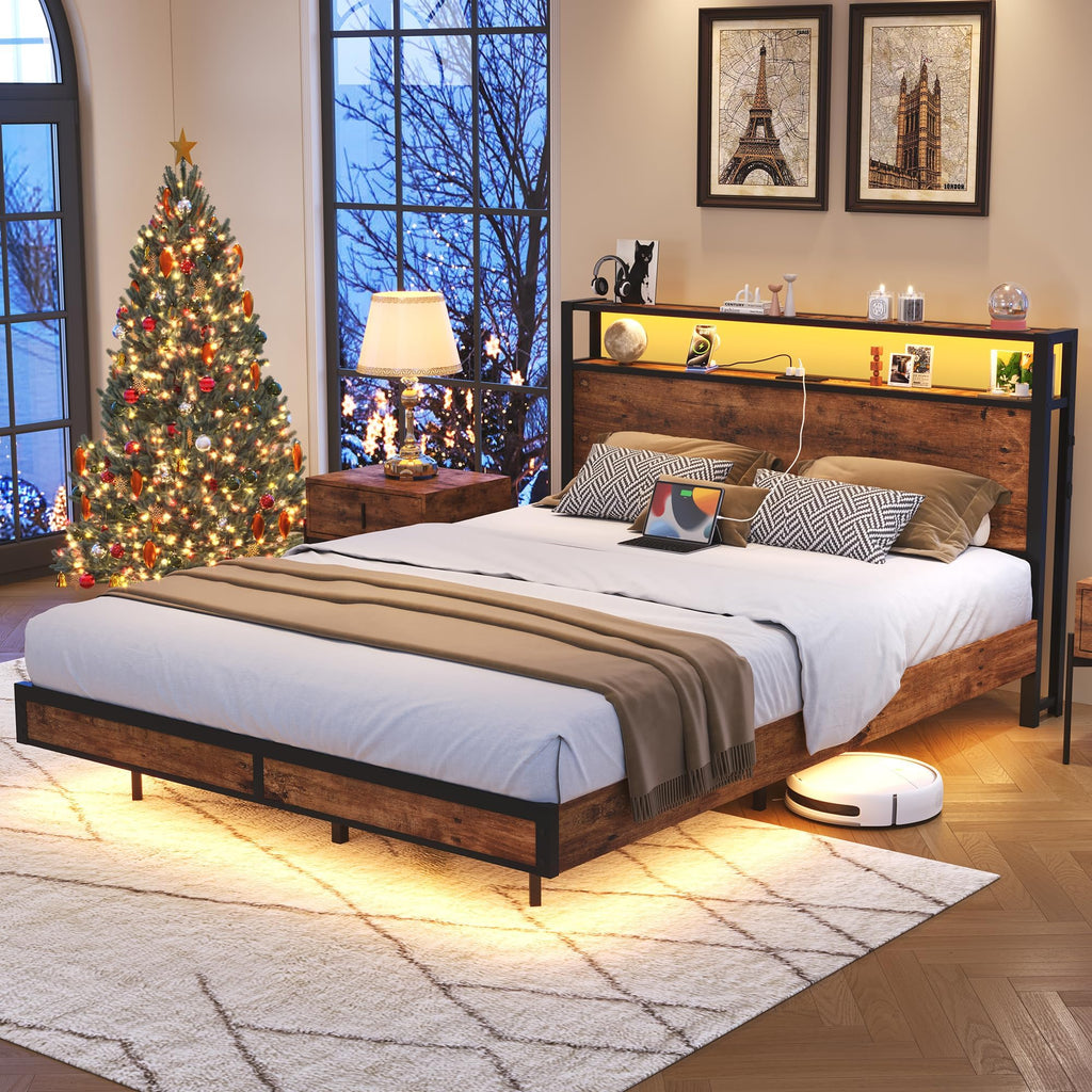 Queen Size Metal Platform Bed Frame with Storage Headboard L92346